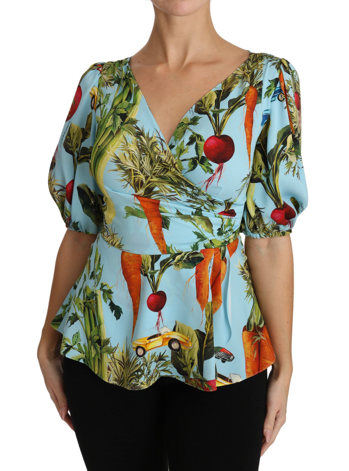 Dolce & Gabbana Mehrfarbiges Seidentop mit Gemüsedruck Schößchen-Wickelbluse