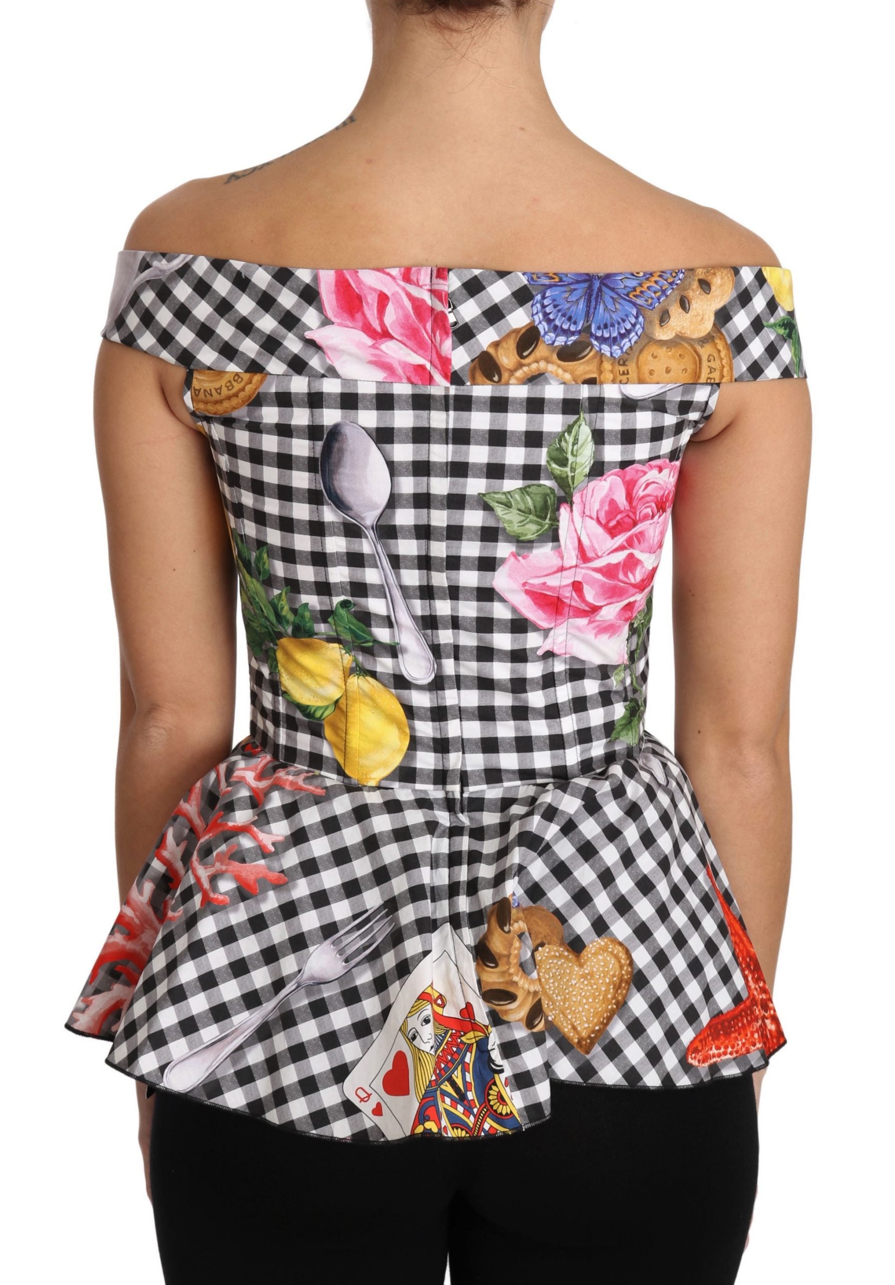 Dolce & Gabbana Schwarz-weiße Korsettbluse Sicily Lemon Check Top