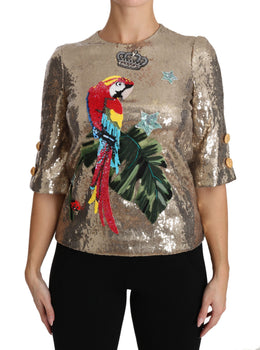 Dolce & Gabbana Goldfarbene Pailletten-Papageien-Kristallbluse