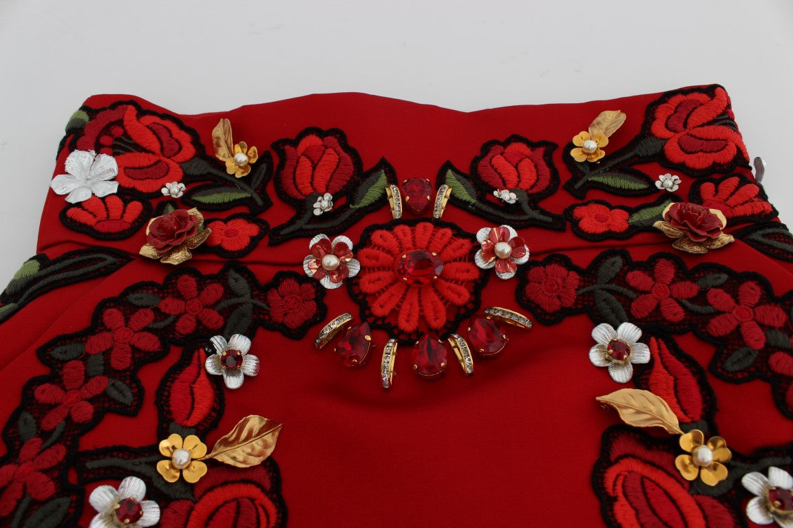 Dolce & Gabbana Rote Seidenkristallrosen Shorts