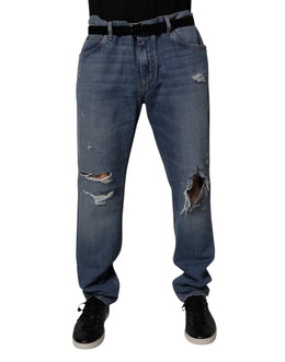 Dolce & Gabbana Blaue zerfledderte Straight Denim Jeans aus Baumwolle