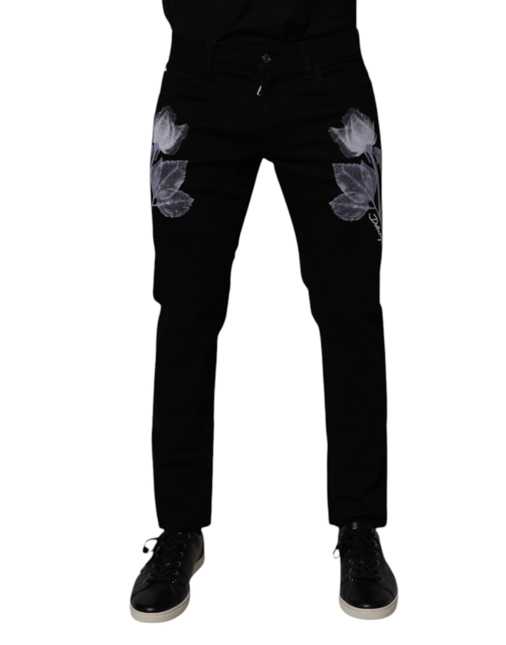 Dolce & Gabbana Schwarze Skinny-Jeans aus Baumwolle mit Blumenmuster für Herren