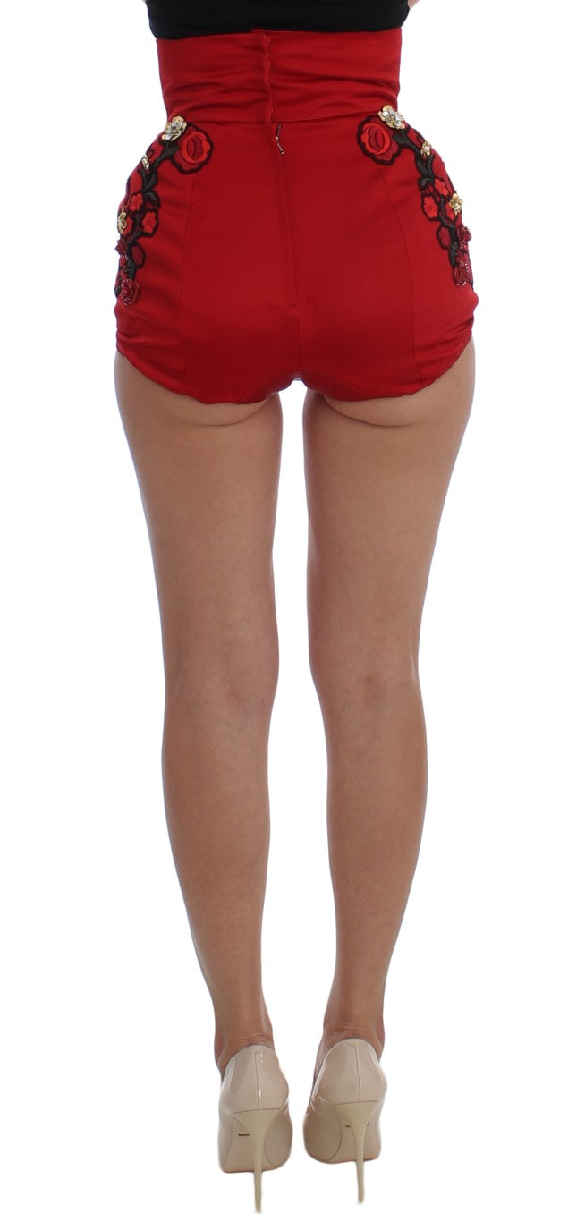 Dolce & Gabbana Rote Seidenkristallrosen Shorts