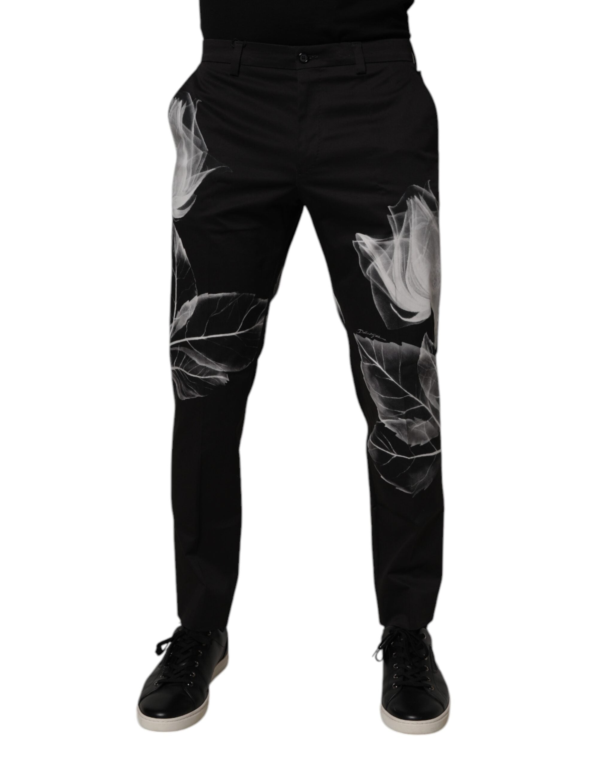 Dolce & Gabbana Schwarze Skinny-Hose aus Baumwolle mit Blumenmuster
