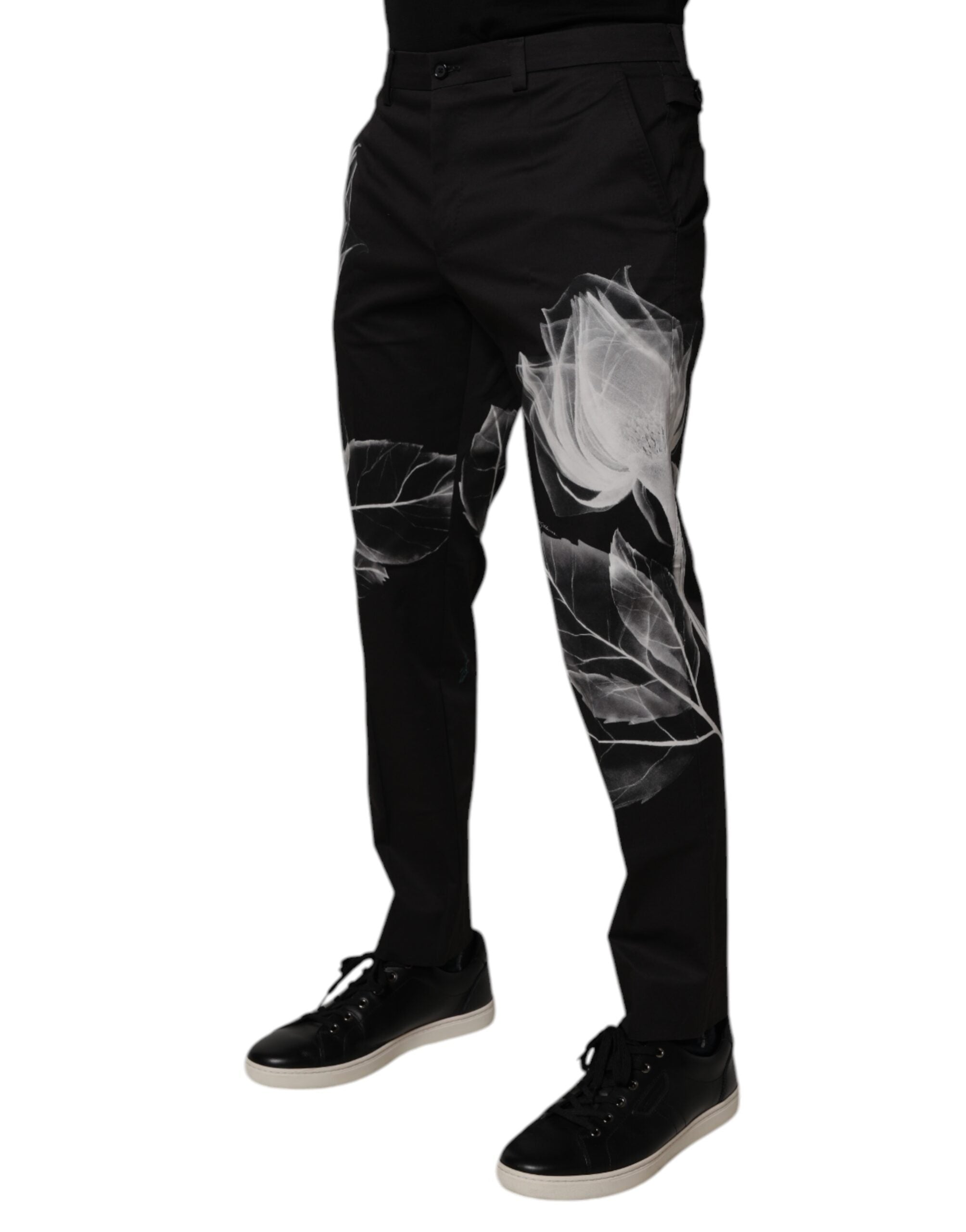 Dolce & Gabbana Schwarze Skinny-Hose aus Baumwolle mit Blumenmuster