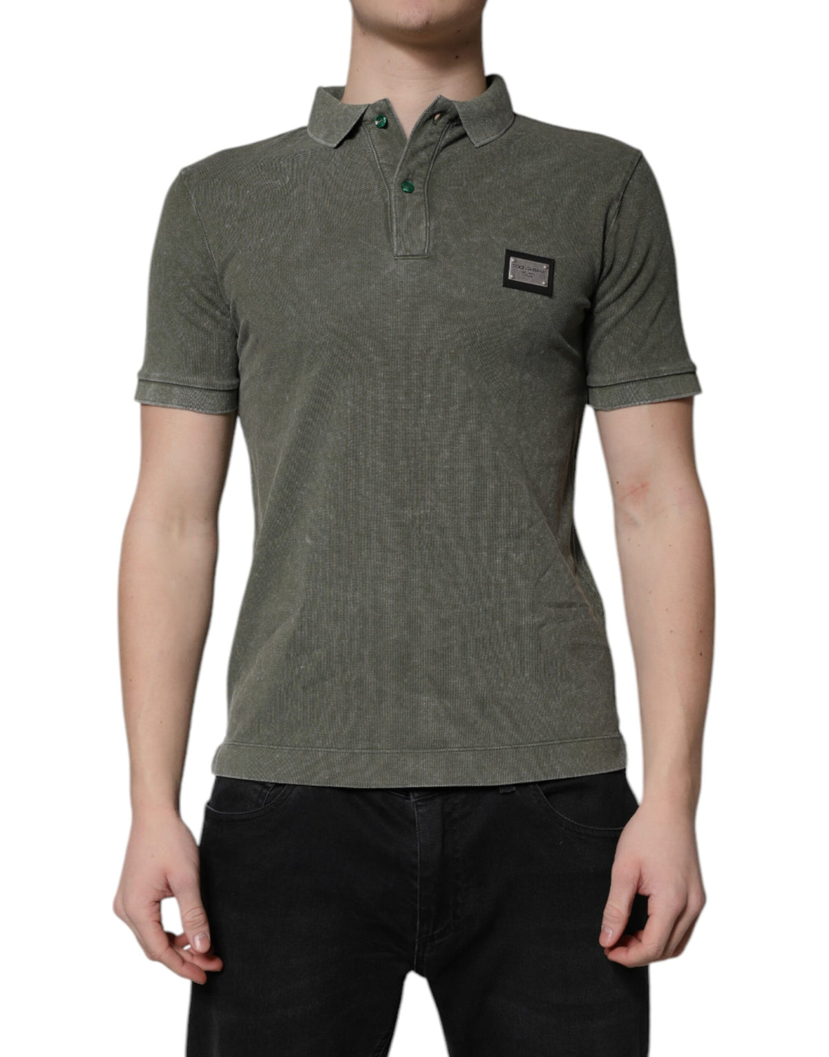 Dolce & Gabbana Armeegrünes Logo-Plakette Baumwoll-Poloshirt T-shirt