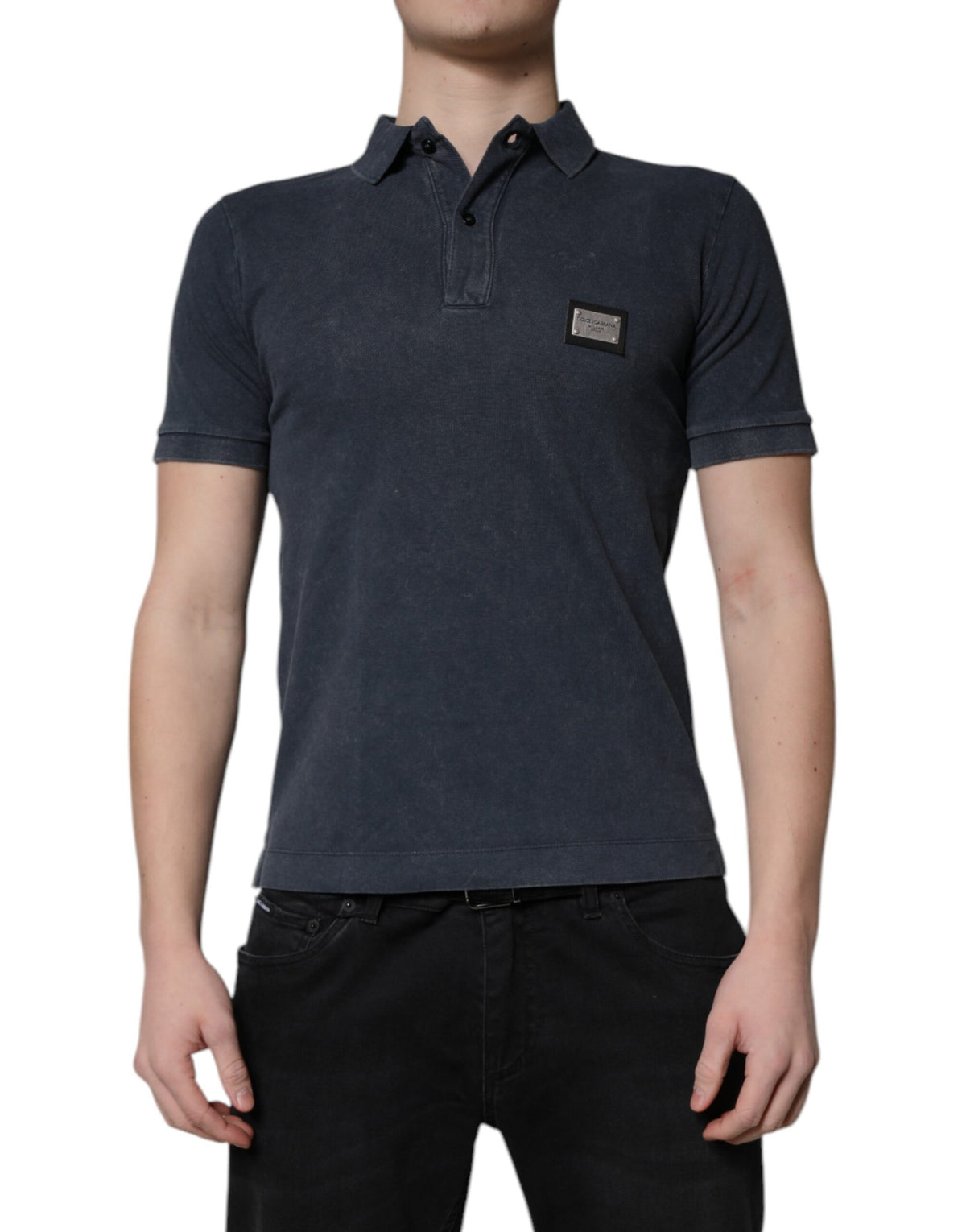 Dolce & Gabbana Dunkelblaues Logo-Plakette Baumwolle Herren-Poloshirt T-shirt