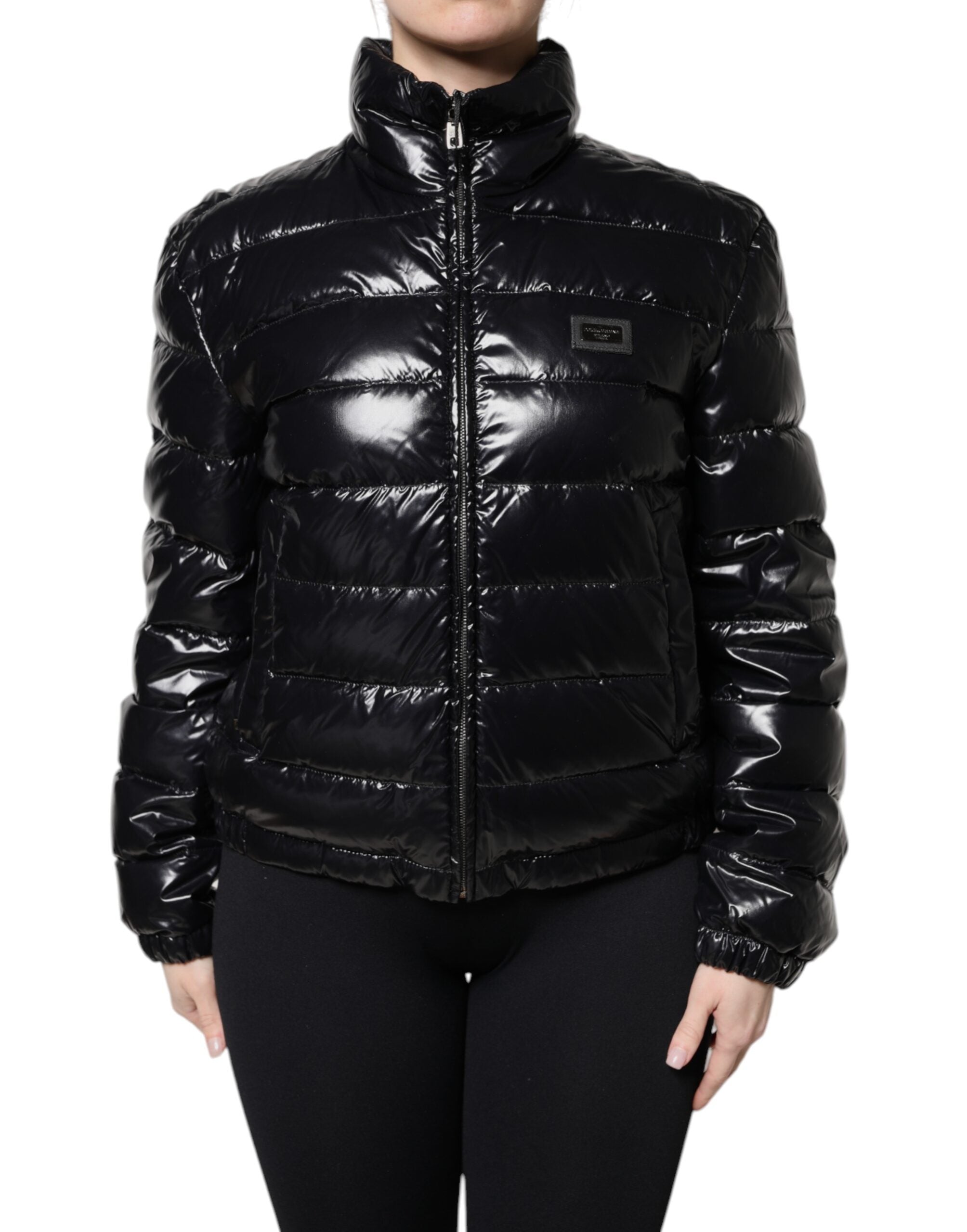 Dolce & Gabbana Schwarze Logo-Plakette Full Zip Pufferjacke