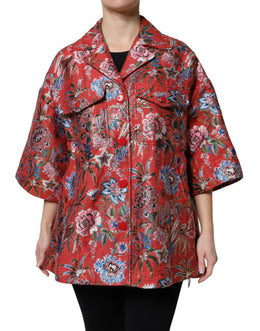 Dolce & Gabbana Roter geblümter Jacquard-Mantel mit Knopfleiste Jacke