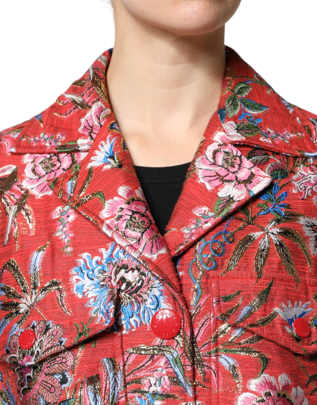 Dolce & Gabbana Roter geblümter Jacquard-Mantel mit Knopfleiste Jacke