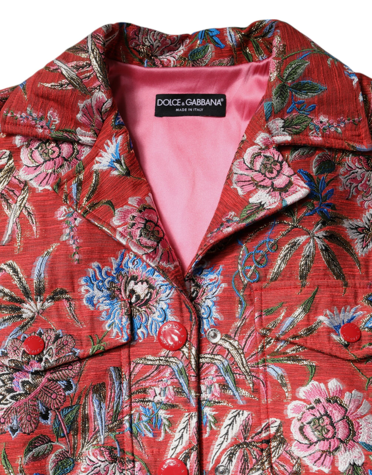 Dolce & Gabbana Roter geblümter Jacquard-Mantel mit Knopfleiste Jacke
