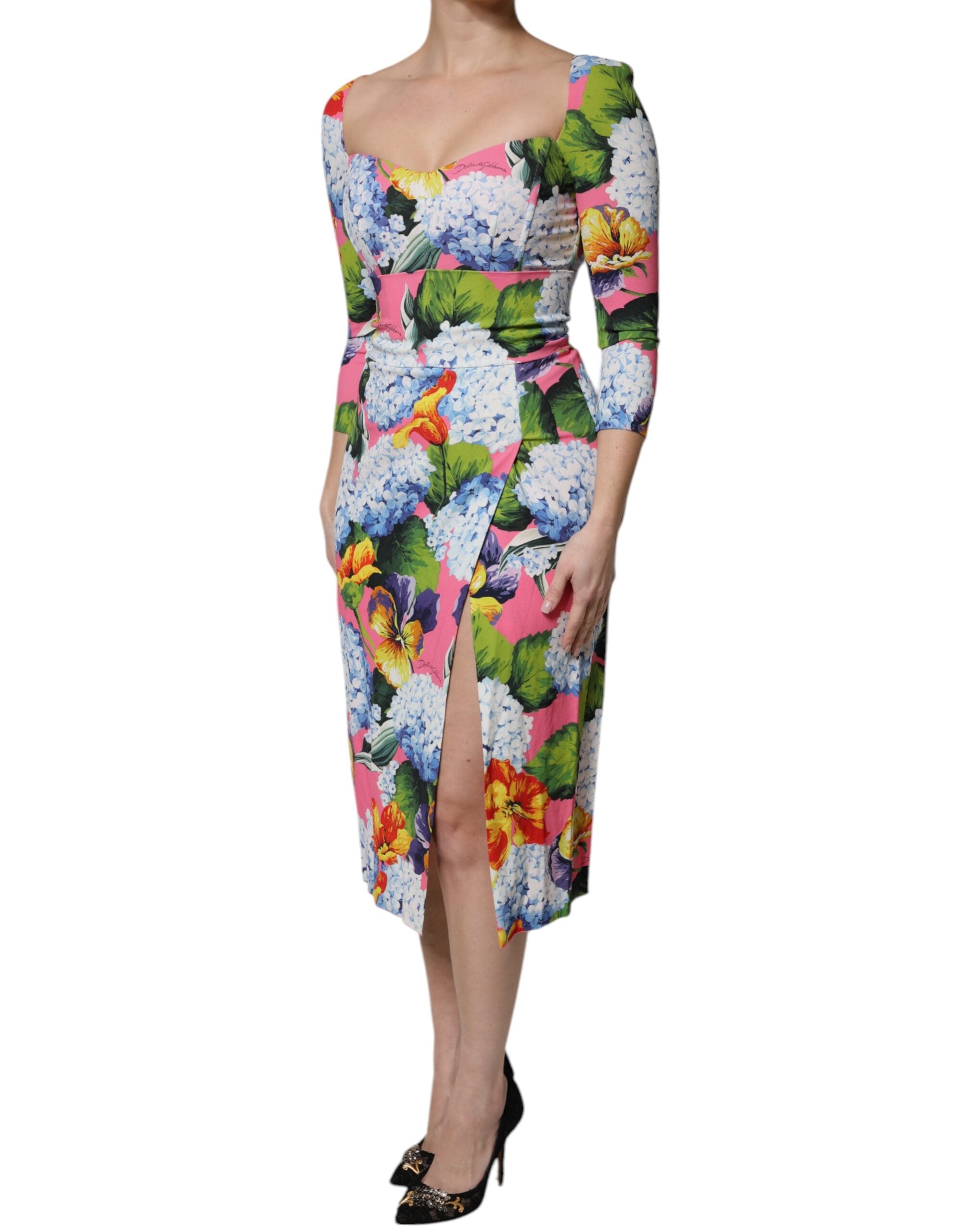 Dolce & Gabbana Multicolor Florales Midikleid mit Seitenschlitz