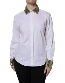 Dolce & Gabbana Weißes Baumwollshirt mit langen Ärmeln und Pailletten
