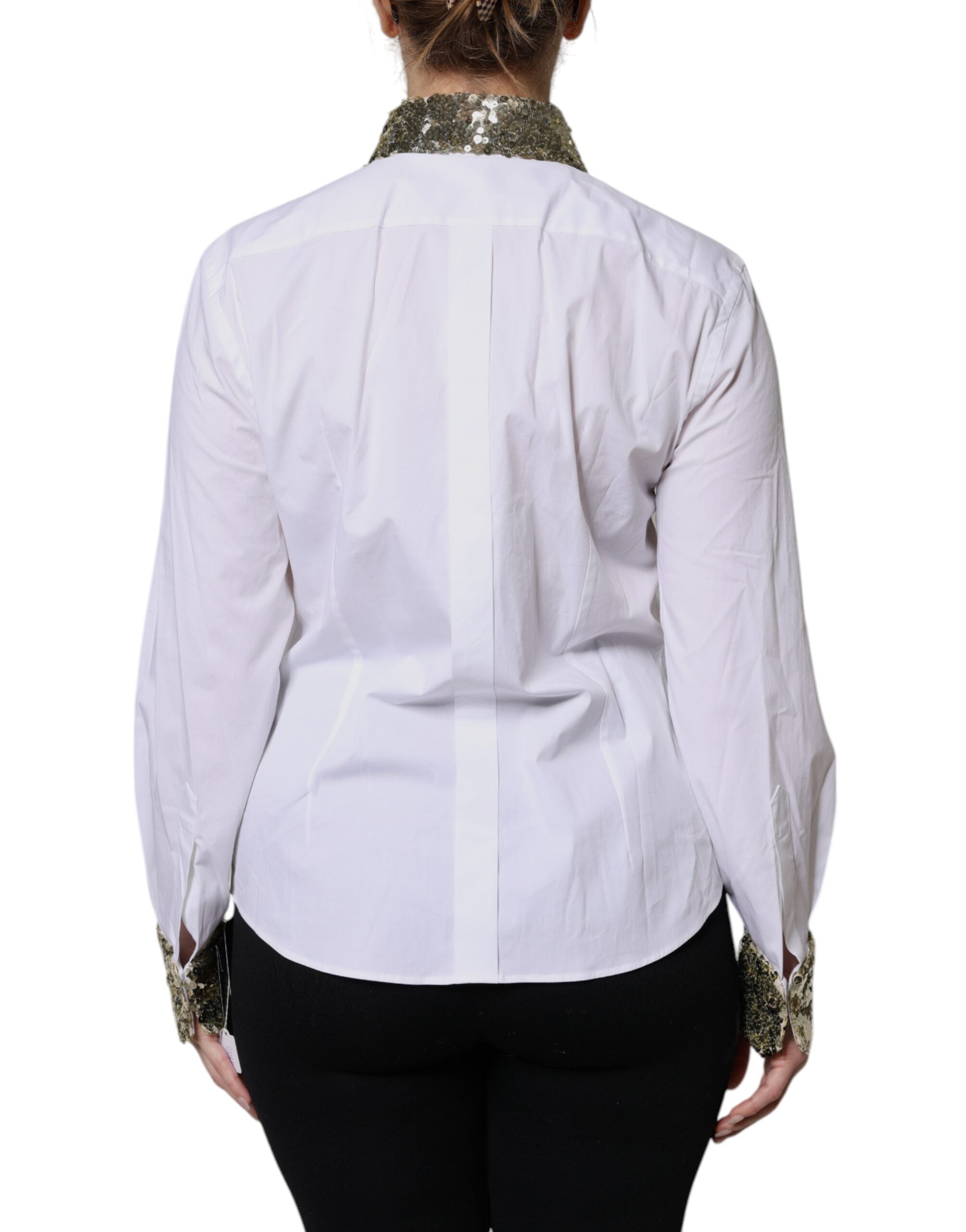 Dolce & Gabbana Weißes Baumwollshirt mit langen Ärmeln und Pailletten