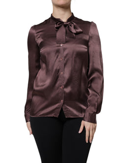 Dolce & Gabbana Braunes Ascot-Kragen-Langarm-Blusentop