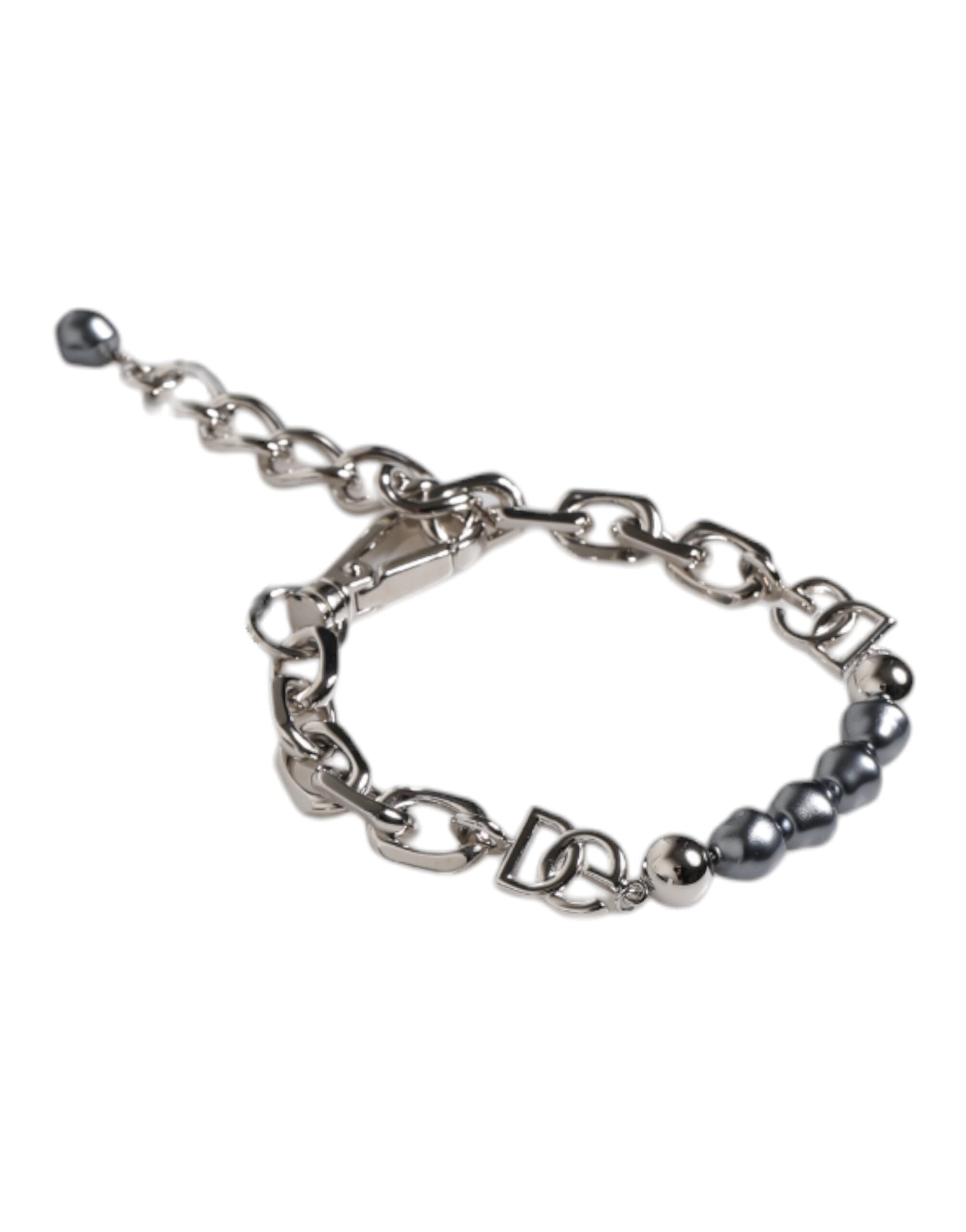Dolce & Gabbana Armband mit silberfarbener Kette, Karabinerverschluss, Logo und grauen Perlen