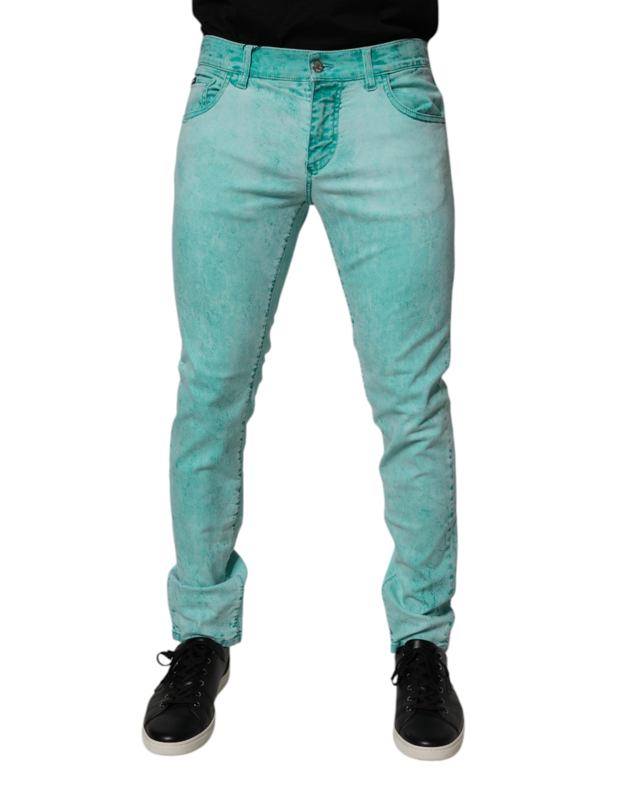 Dolce & Gabbana Grüne Krawattenfärbung Baumwolle Skinny Männer Denim Jeans
