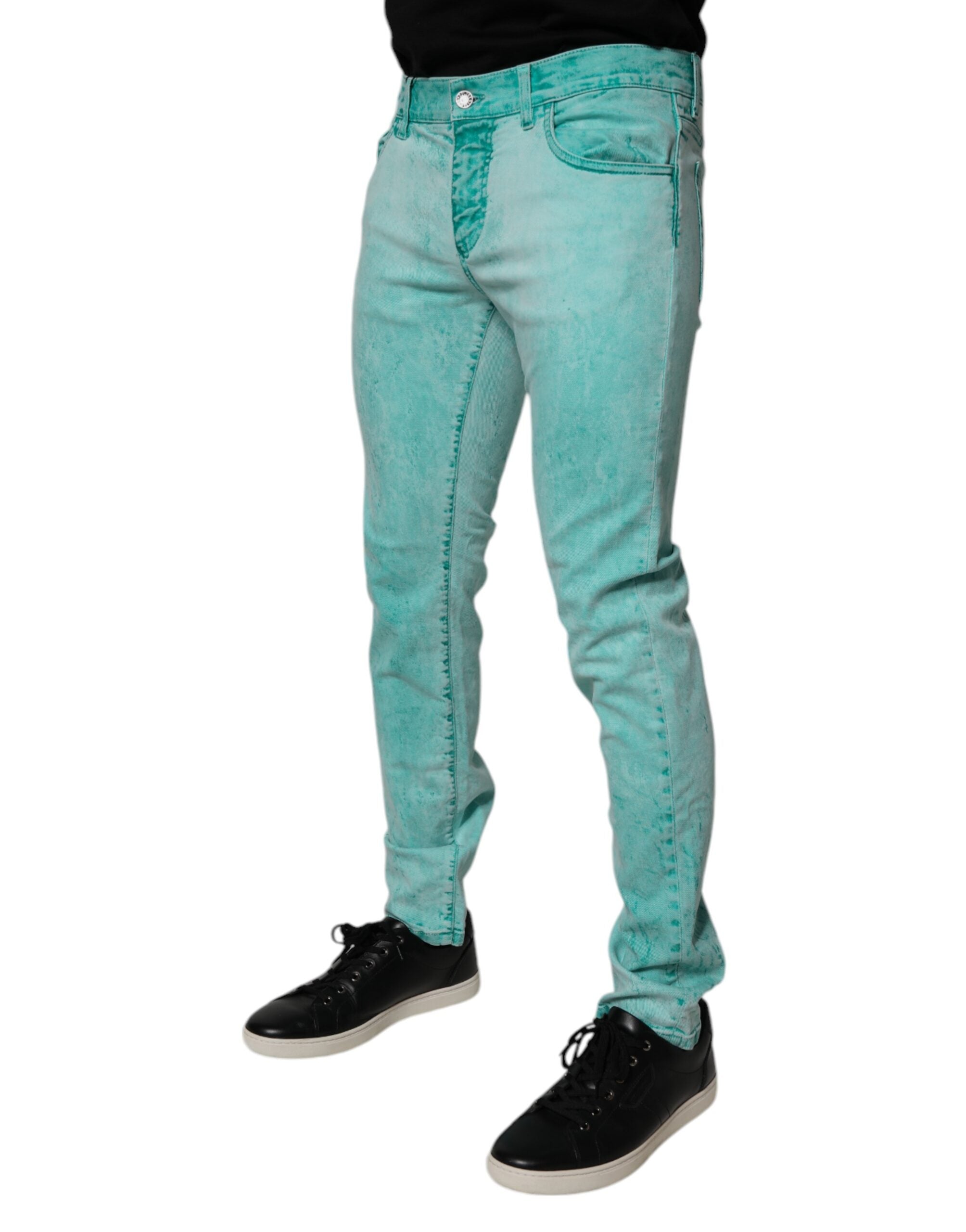 Dolce & Gabbana Grüne Krawattenfärbung Baumwolle Skinny Männer Denim Jeans