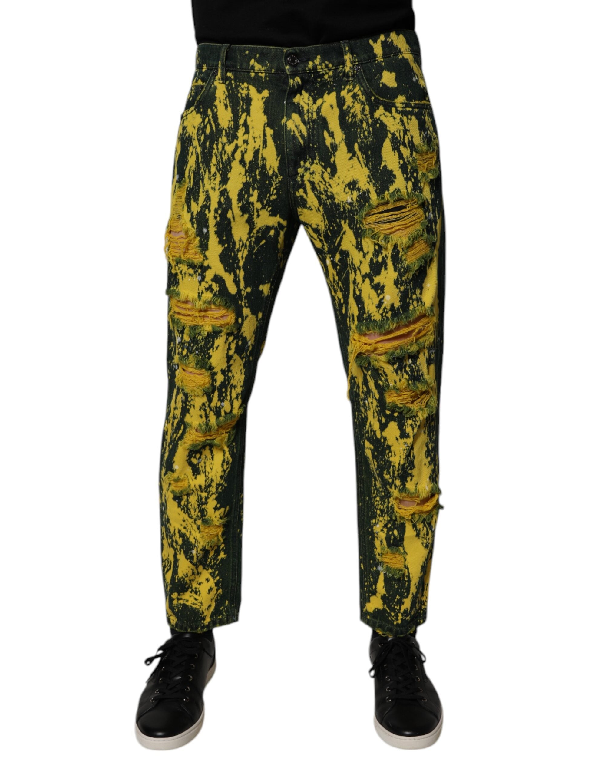 Dolce & Gabbana Schwarz Gelb Tie Dye Tattered Skinny Männer Denim Jeans