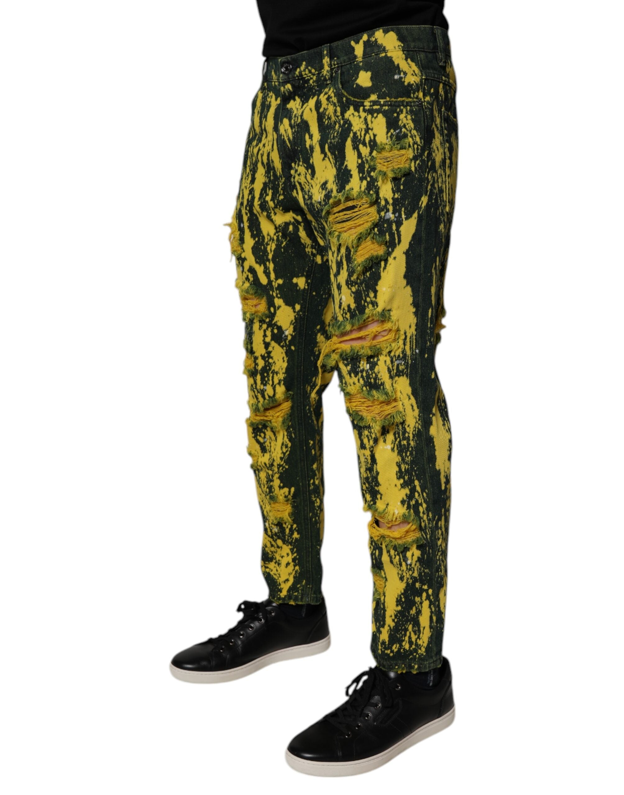 Dolce & Gabbana Schwarz Gelb Tie Dye Tattered Skinny Männer Denim Jeans