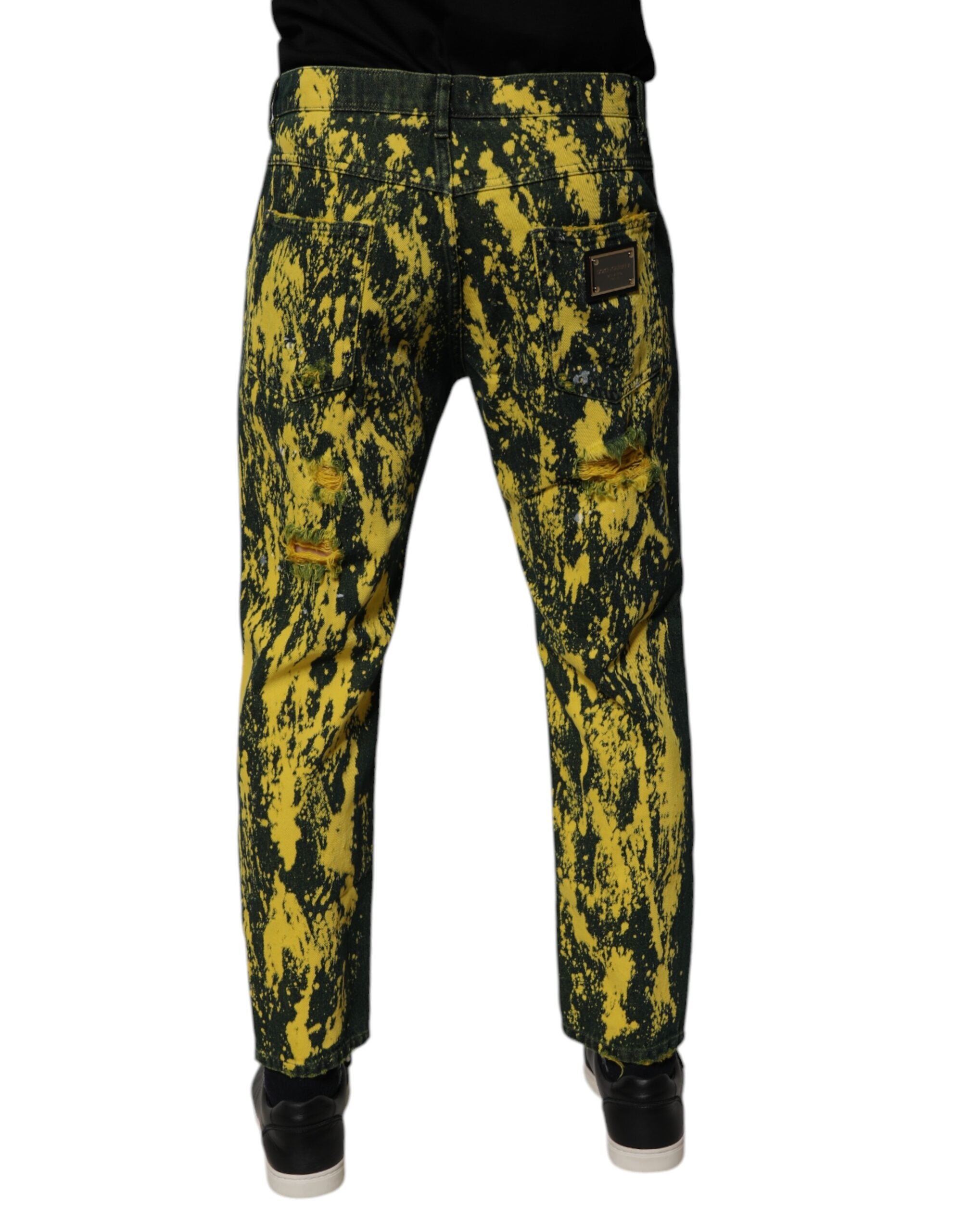 Dolce & Gabbana Schwarz Gelb Tie Dye Tattered Skinny Männer Denim Jeans