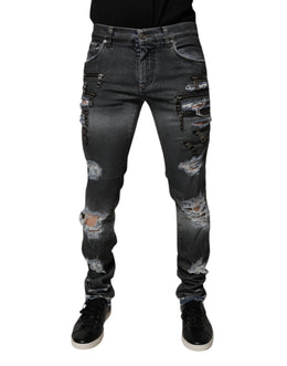 Dolce & Gabbana Dunkelgraue zerfledderte Baumwoll-Skinny-Denim-Jeans