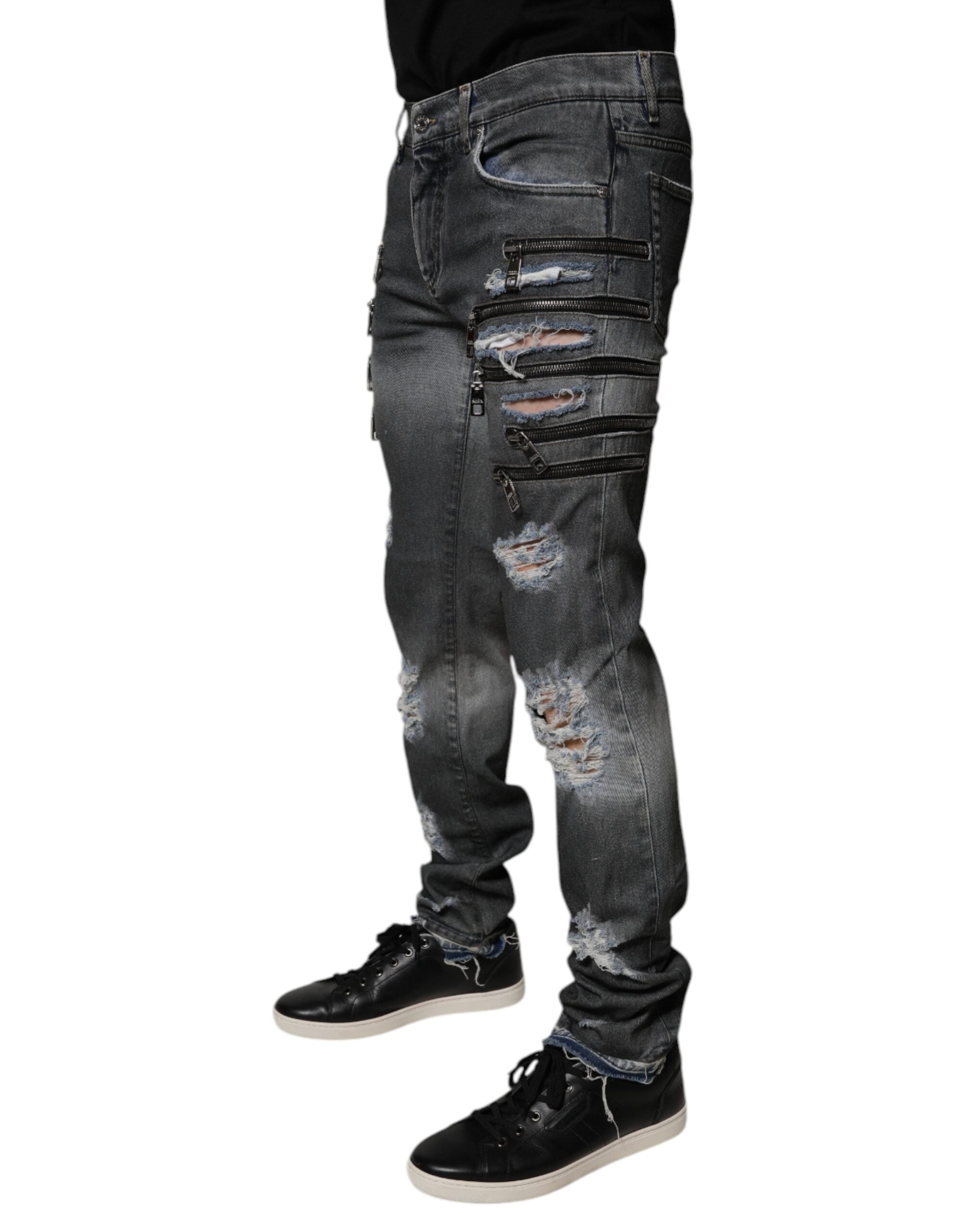 Dolce & Gabbana Dunkelgraue zerfledderte Baumwoll-Skinny-Denim-Jeans