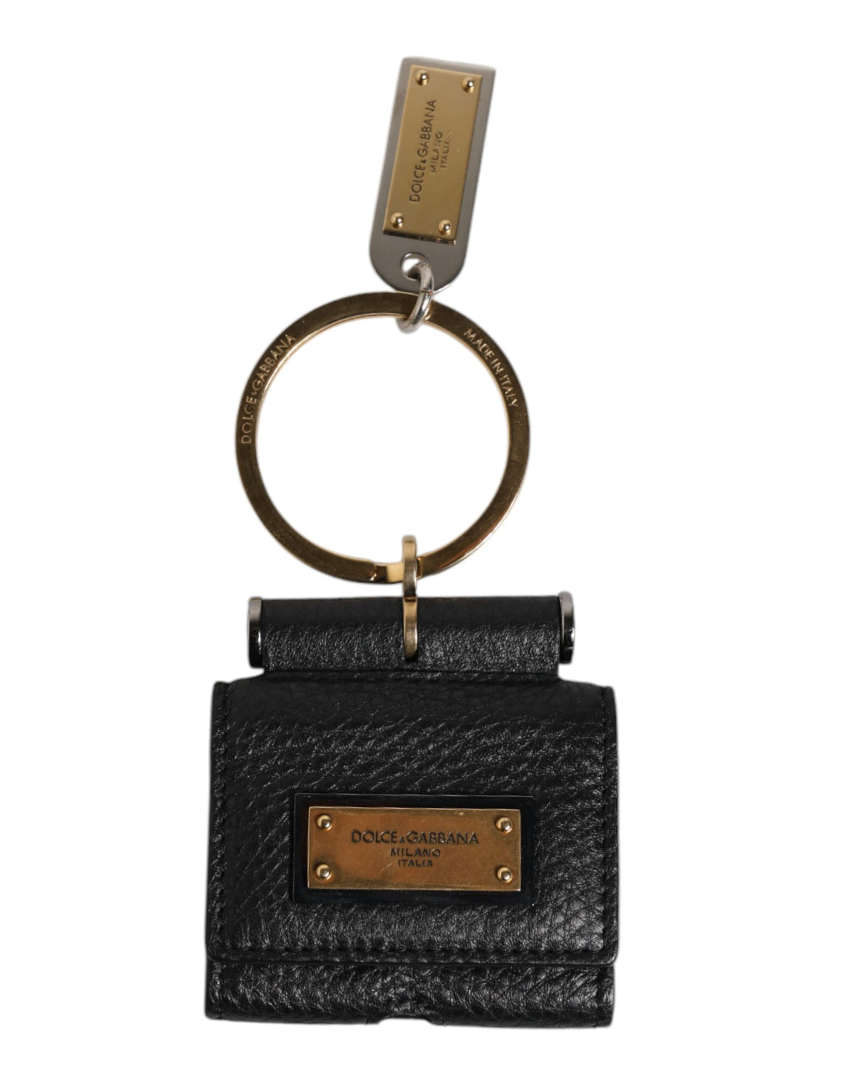 Dolce & Gabbana Schwarzer Lederriemen Gold Metall Logo Plaque Airpods Fall