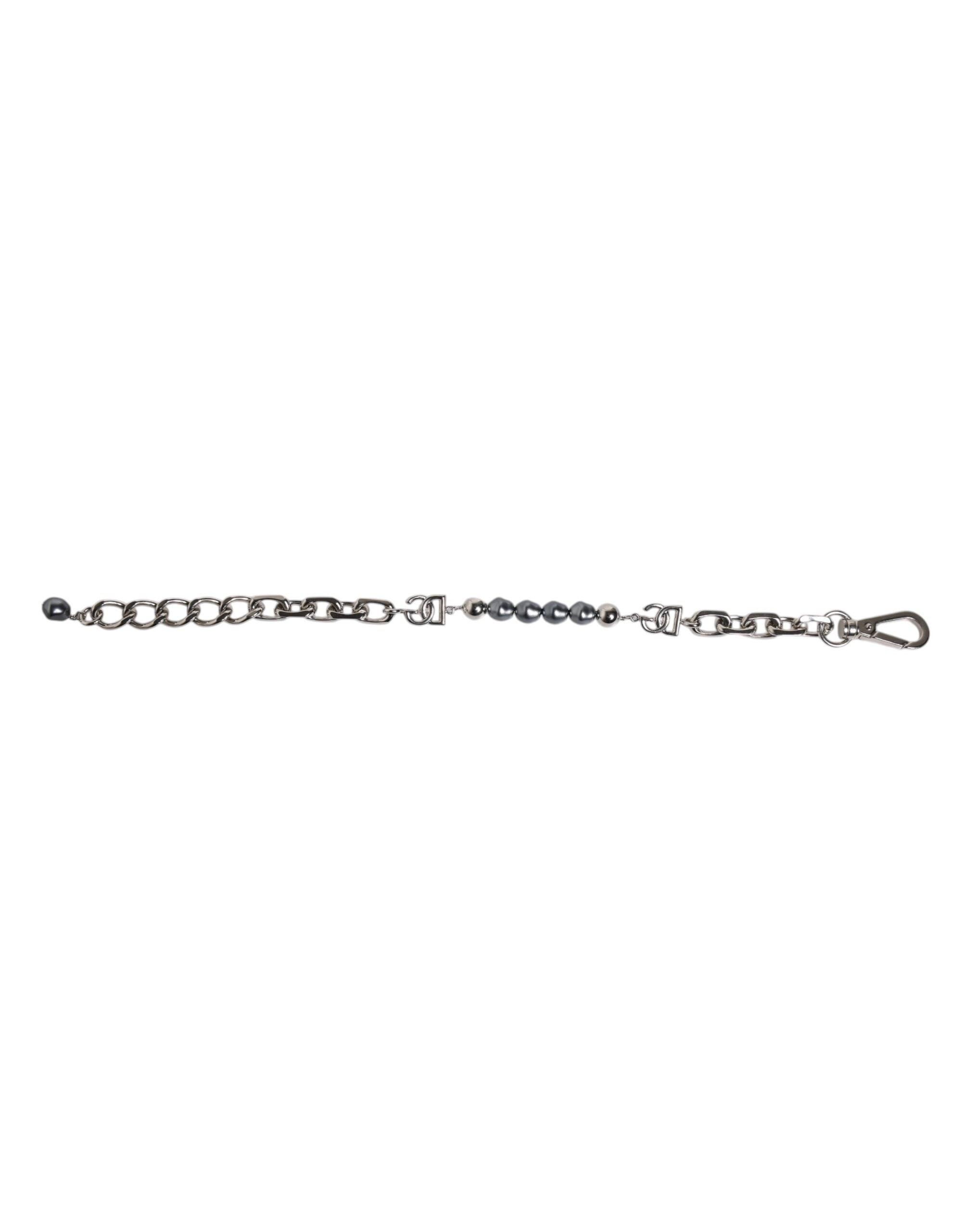 Dolce & Gabbana Armband mit silberfarbener Kette, Karabinerverschluss, Logo und grauen Perlen
