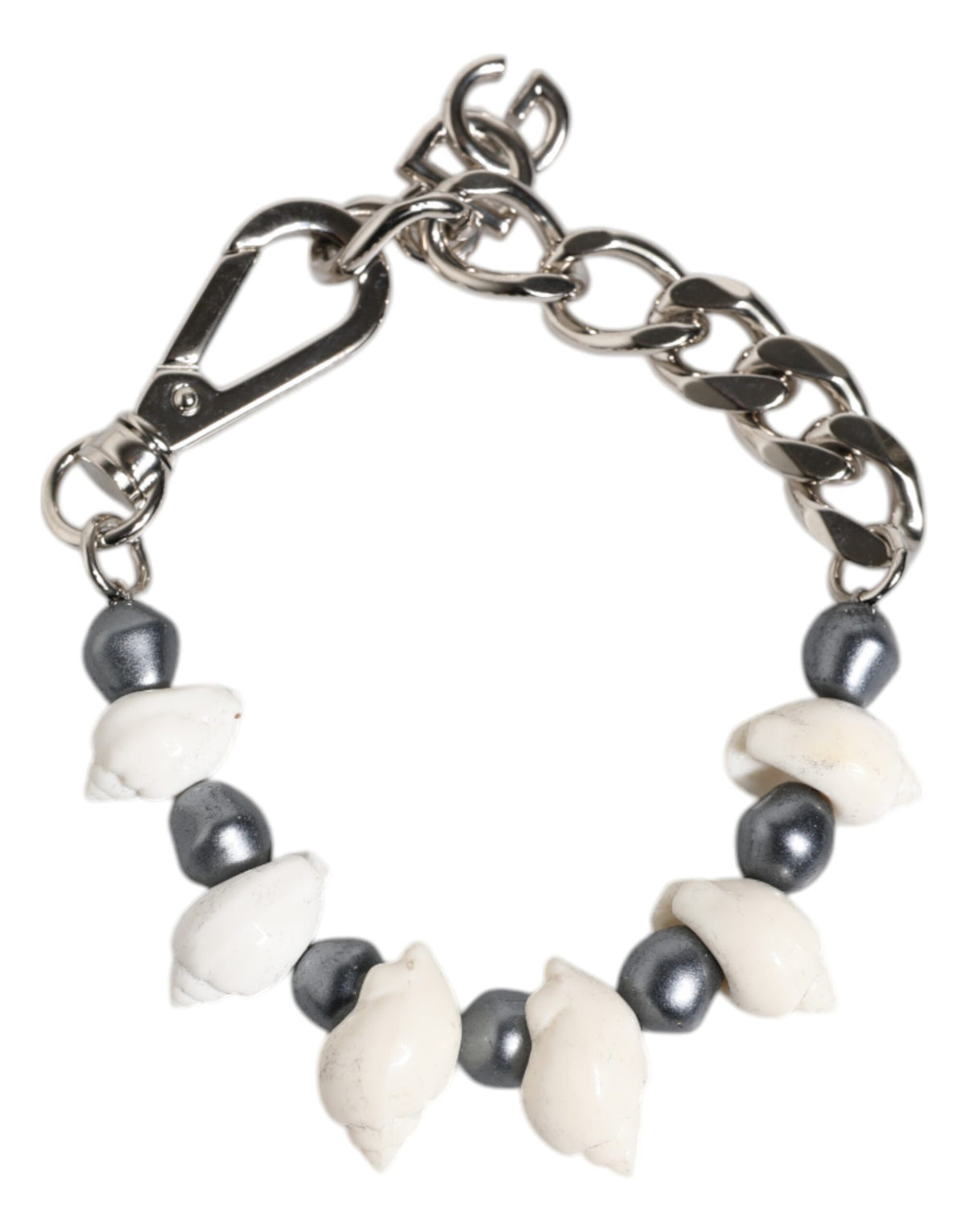Dolce & Gabbana Silberfarbener Messing Perlen Muschel DG Logo Anhänger Armband