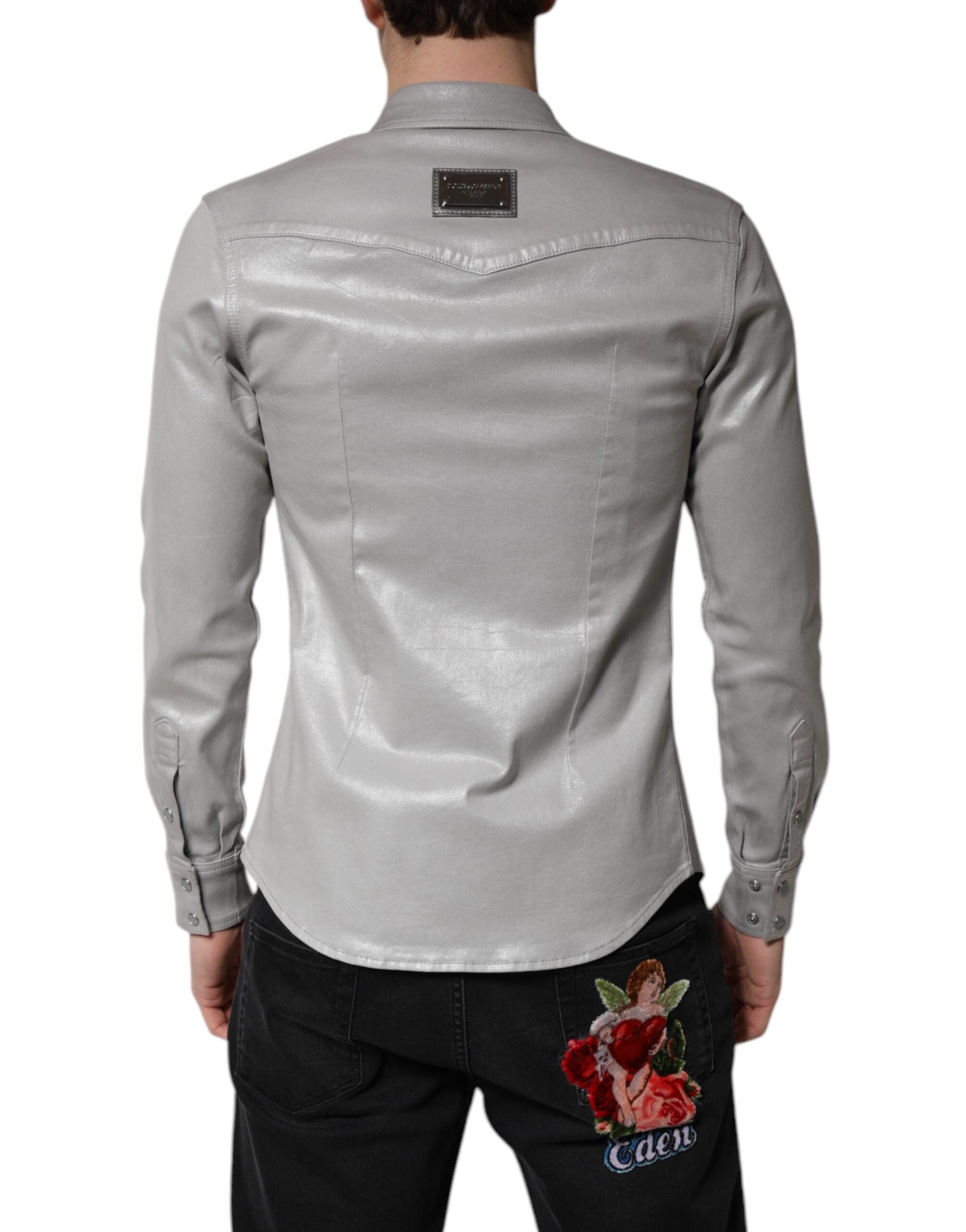 Dolce & Gabbana Metallisch graues Baumwollhemd mit Knopfleiste