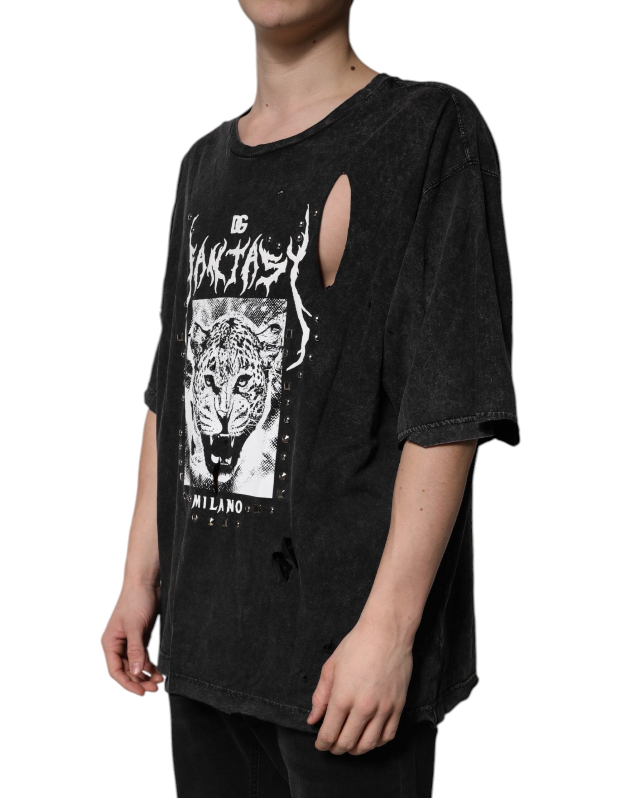 Dolce & Gabbana Schwarzes T-Shirt mit Rundhalsausschnitt aus Baumwolle mit Grafikdruck