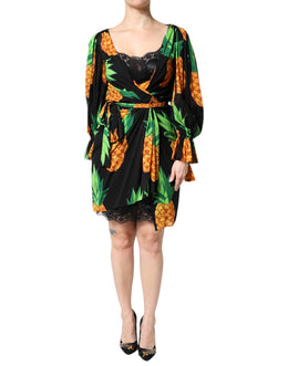 Dolce & Gabbana Schwarzes Seiden-Wickelkleid mit drapiertem Ananas-Print