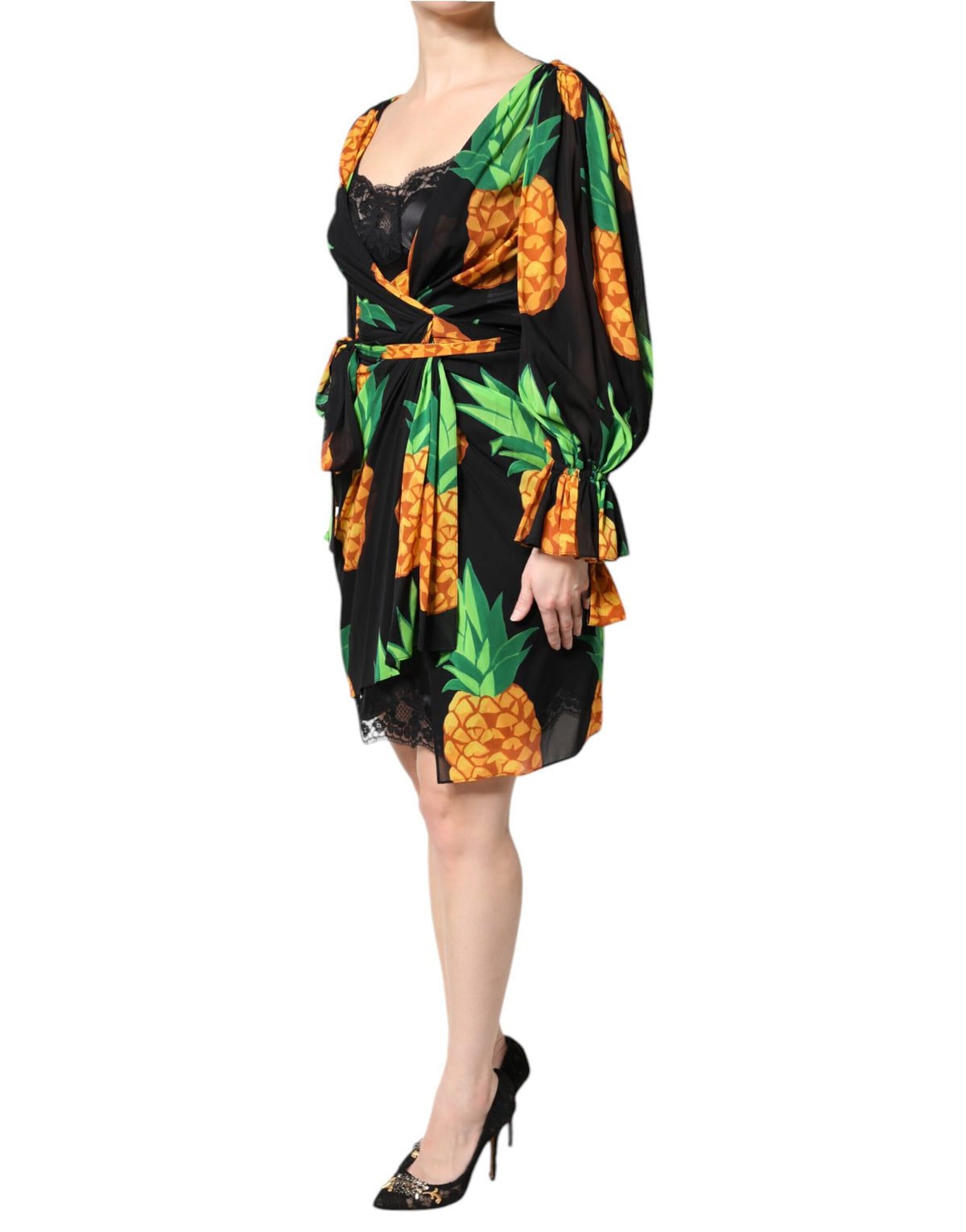 Dolce & Gabbana Schwarzes Seiden-Wickelkleid mit drapiertem Ananas-Print