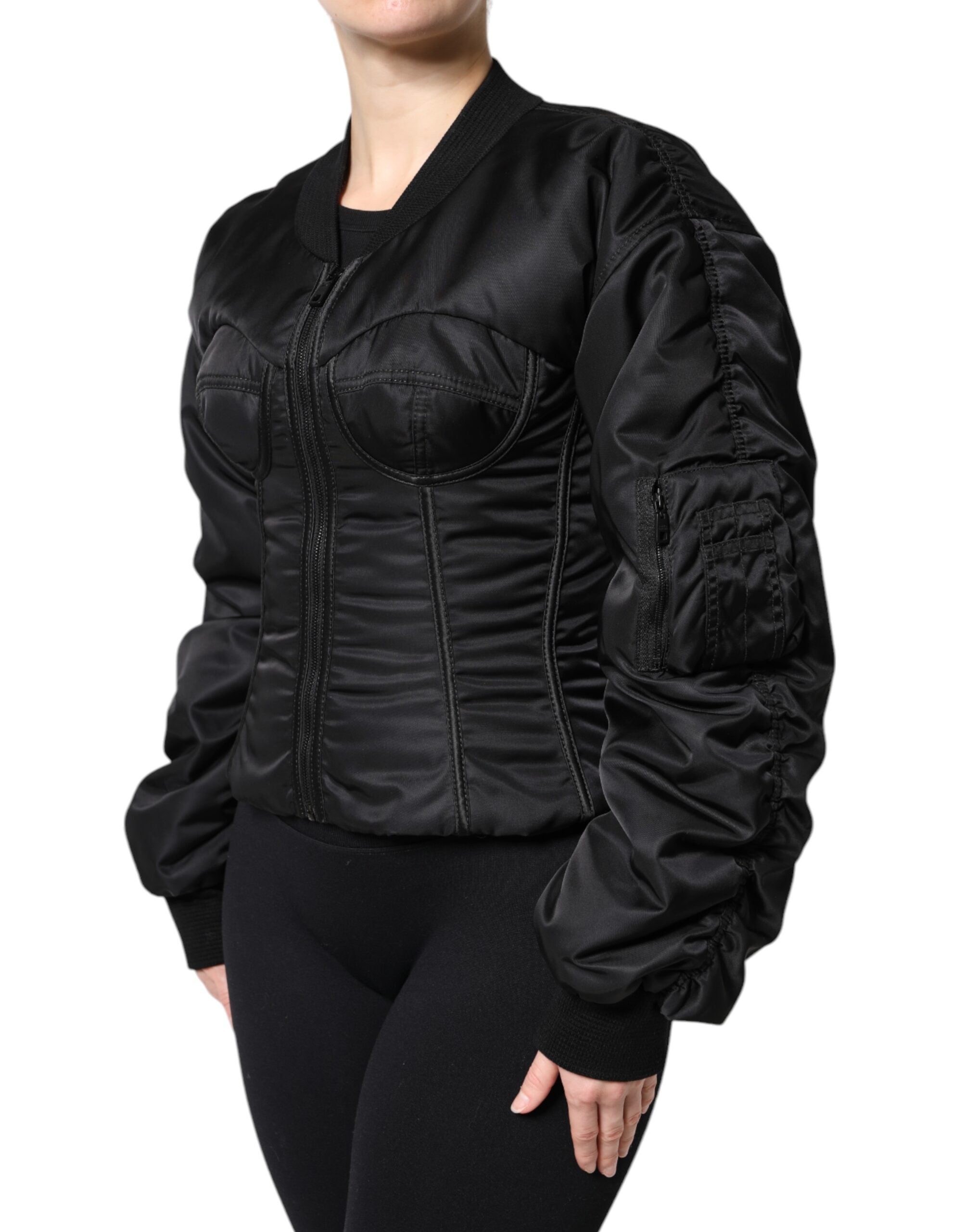 Dolce & Gabbana Schwarzes Nylon Full Zip Bustier Korsett Jacke