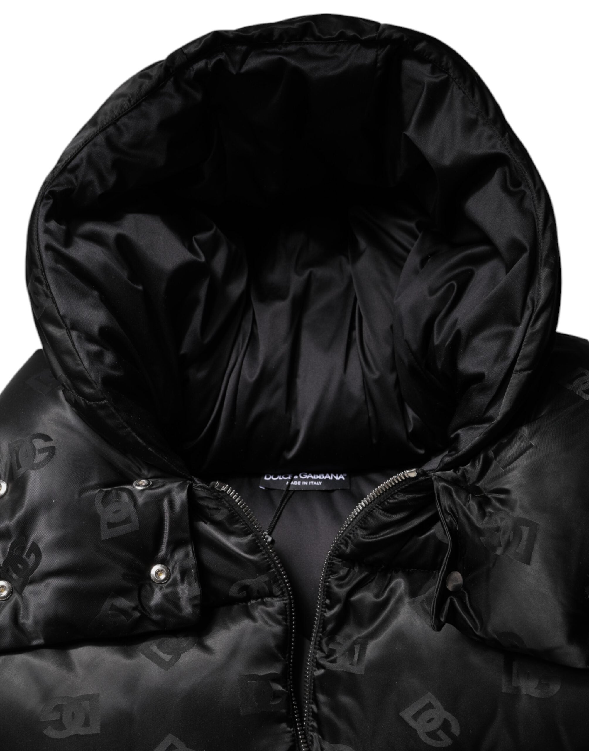 Dolce & Gabbana Schwarze gepolsterte Kapuzenjacke mit durchgehendem Reißverschluss und Cropped Jacket