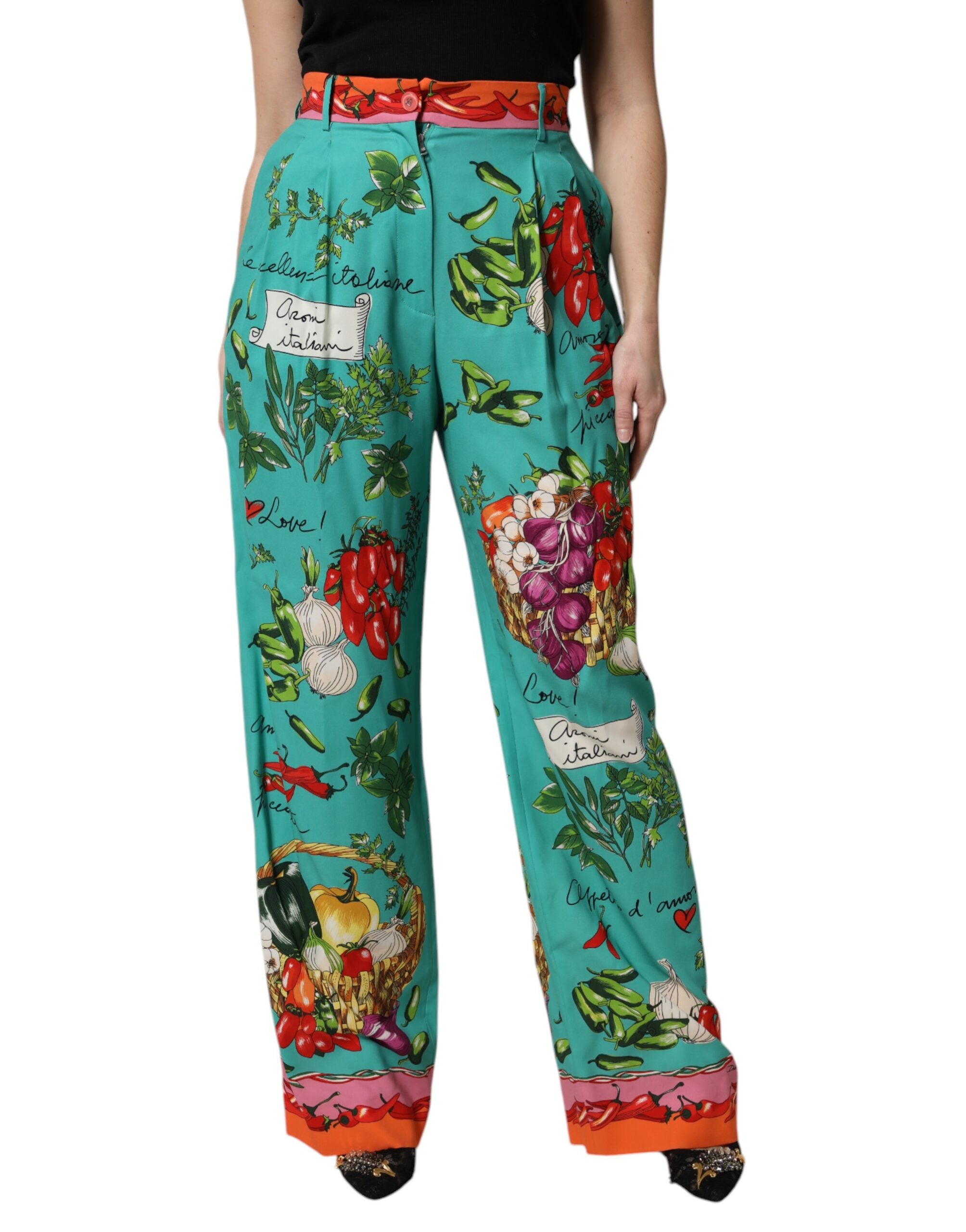 Dolce & Gabbana Grüne bedruckte gerade Hose aus Seide