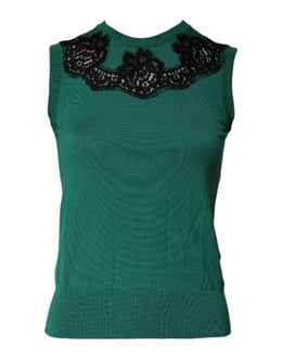 Dolce & Gabbana Grünes ärmelloses Tanktop aus Wolle mit Spitzendetail