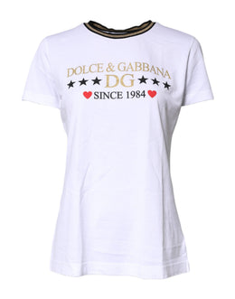 Dolce & Gabbana Weißes bedrucktes Baumwoll-T-Shirt mit Rundhalsausschnitt