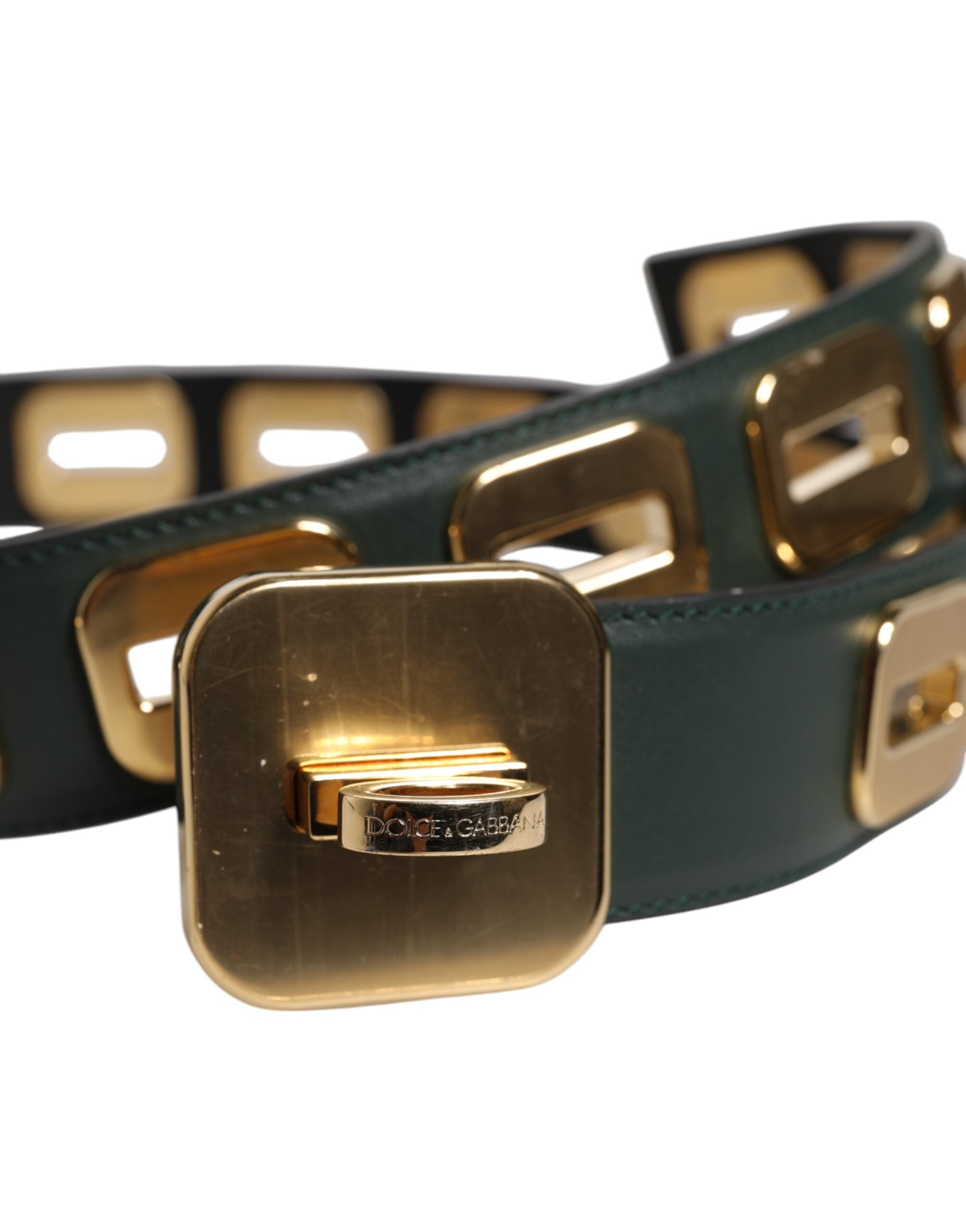 Dolce & Gabbana Grüner Leder-Goldton-Drehschnallengürtel