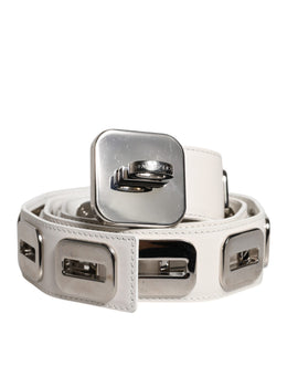Dolce & Gabbana Weißes Leder, Goldton, drehbare Schnalle, Gürtel