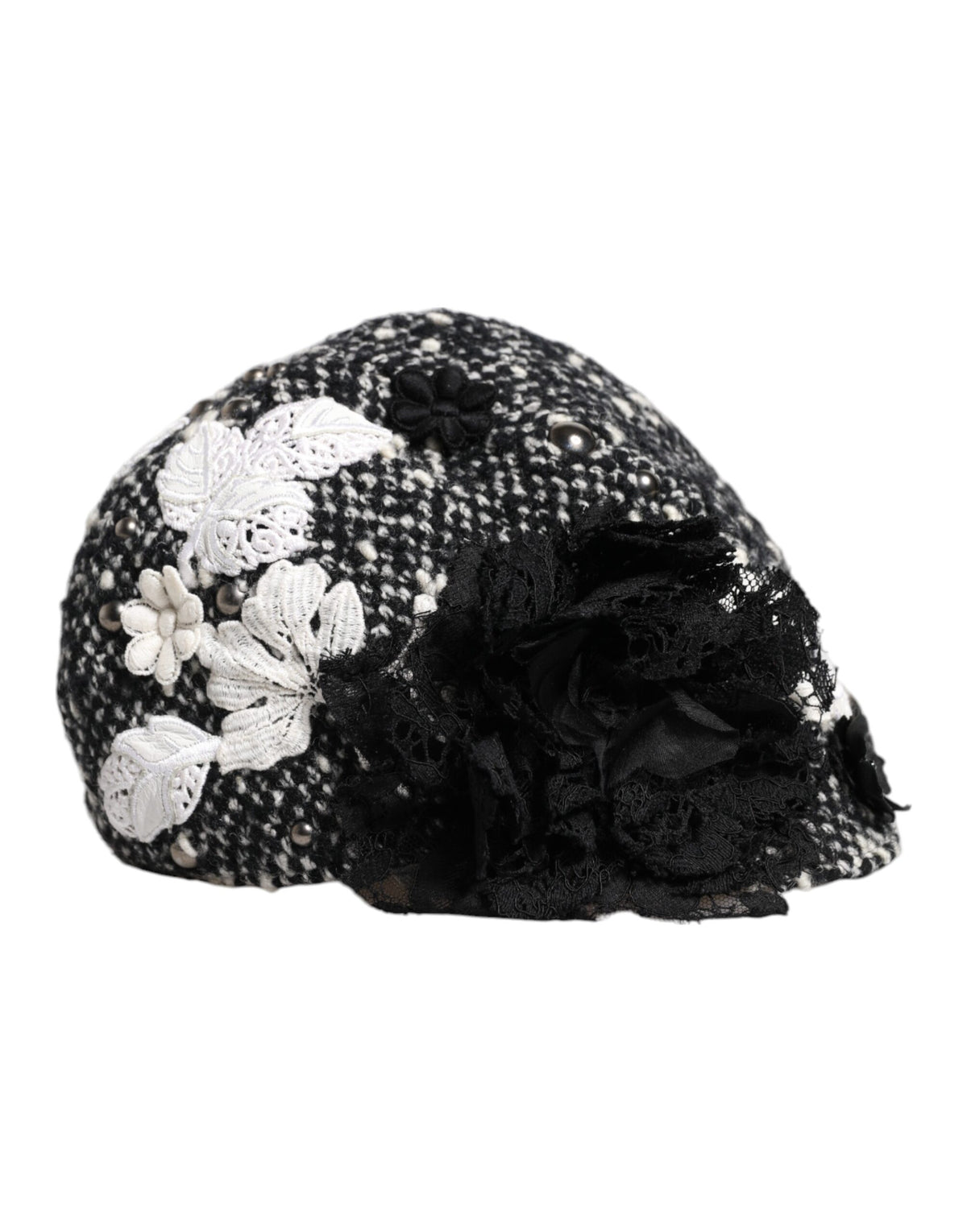 Dolce & Gabbana Cloche-Hut aus schwarzer Wolle mit weißer Blumenverzierung