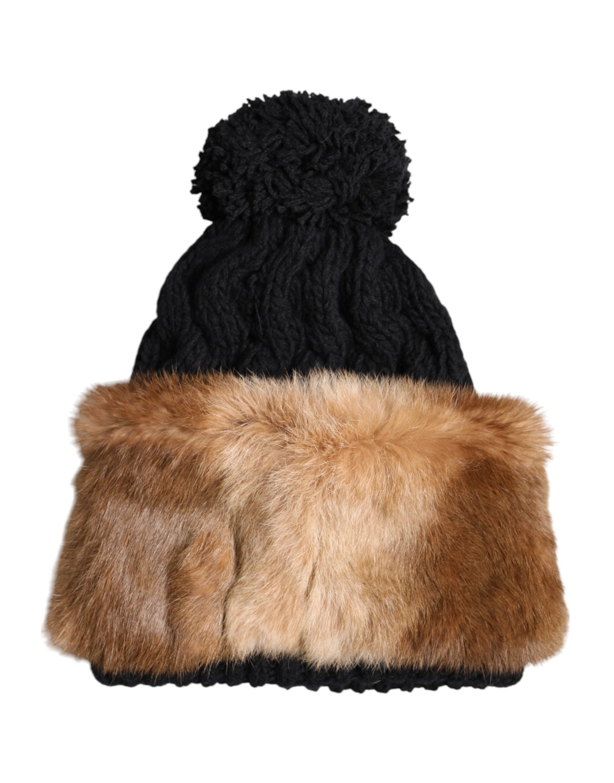 Dolce & Gabbana Schwarz Braun Gefärbt Kaninchen Echtpelz Winter Beanie Mütze