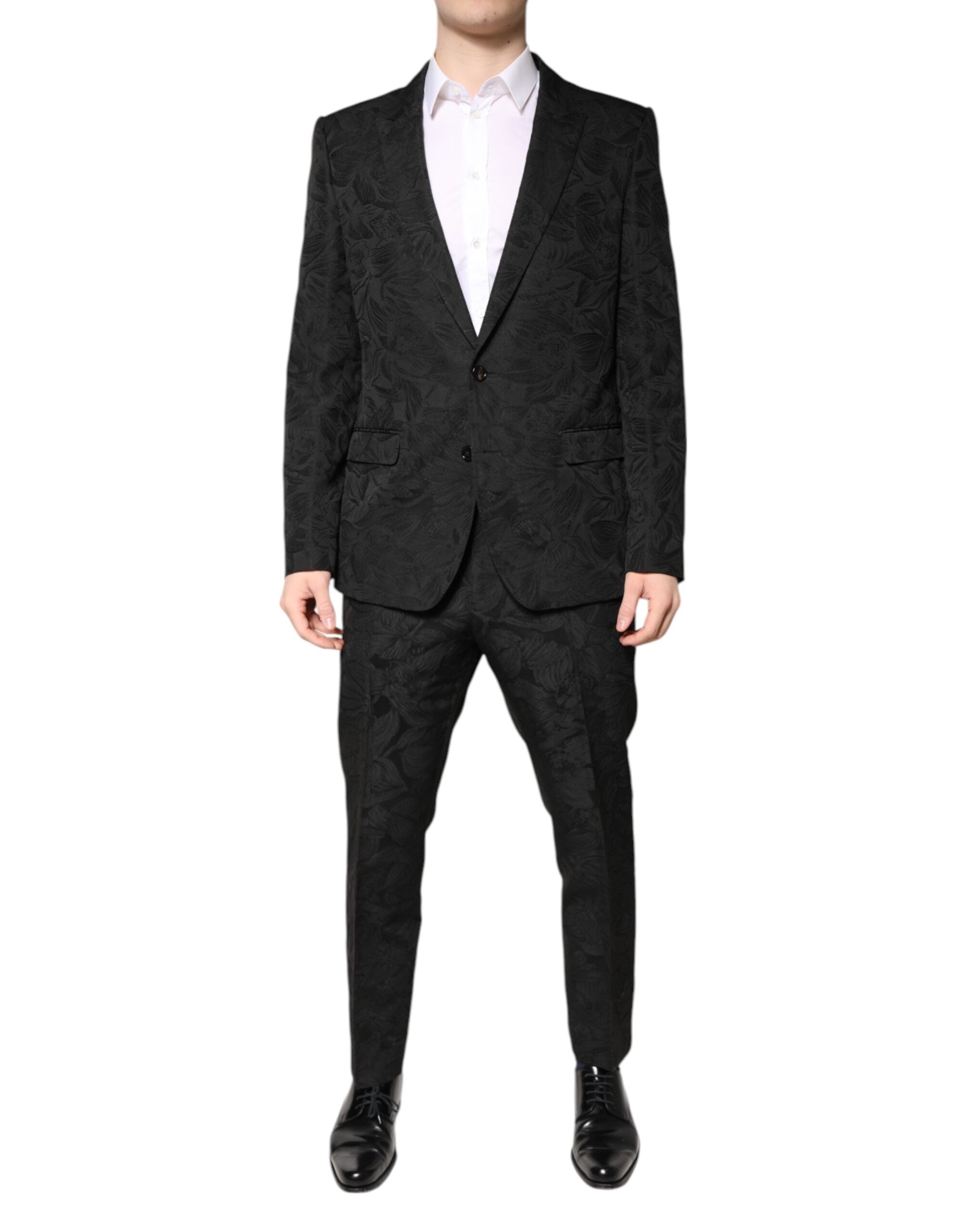 Dolce & Gabbana Schwarzer Polyester-Jacquard-Anzug mit Blumenmuster, 2 Teile