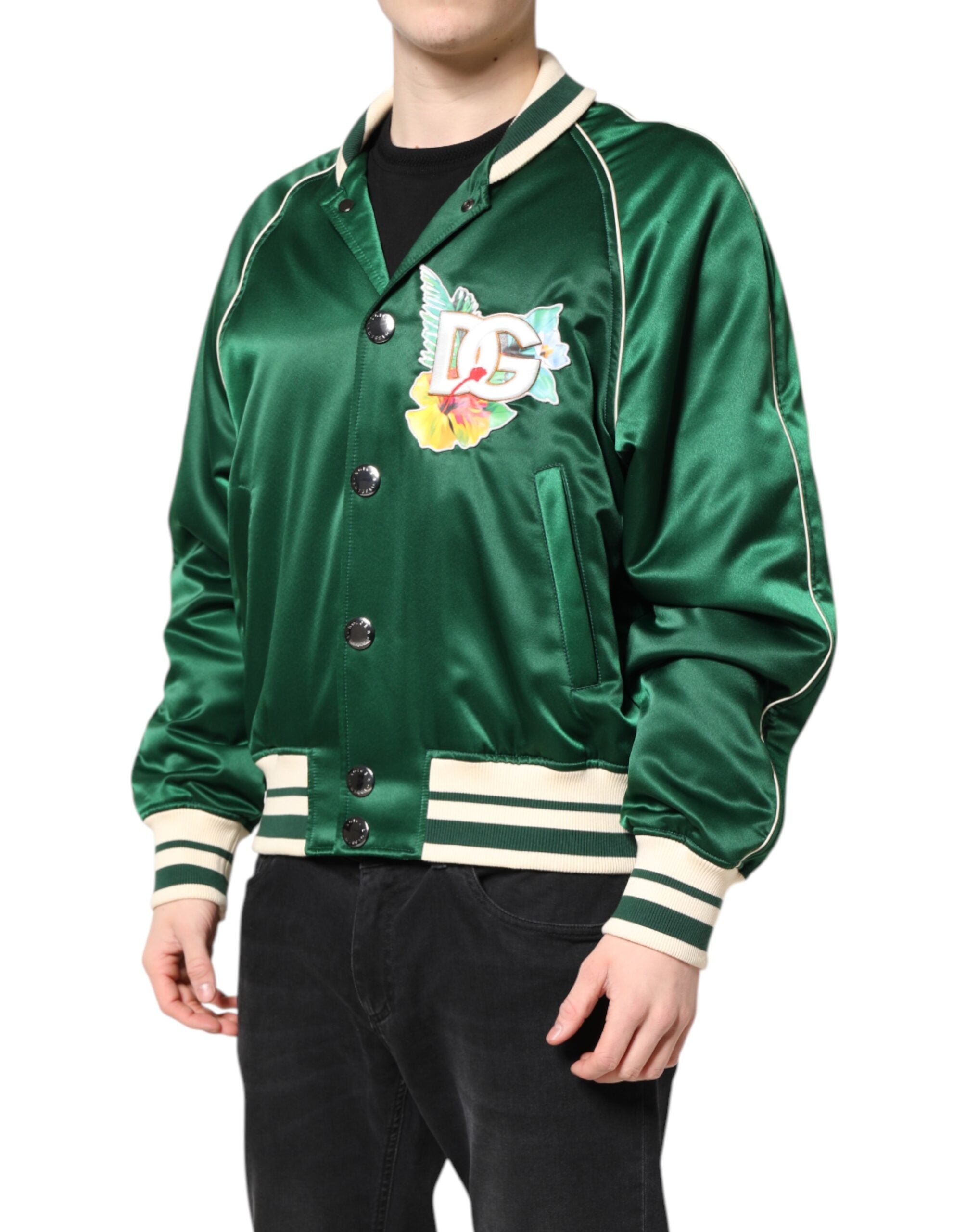 Dolce & Gabbana Grüne geblümte DG Logo Bomberjacke mit durchgehendem Reißverschluss