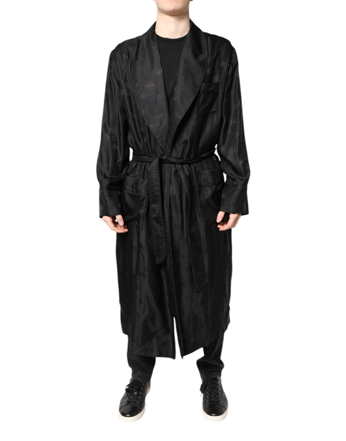 Dolce & Gabbana Schwarze Seide DG Logo Herren Wickelmantel Jacke