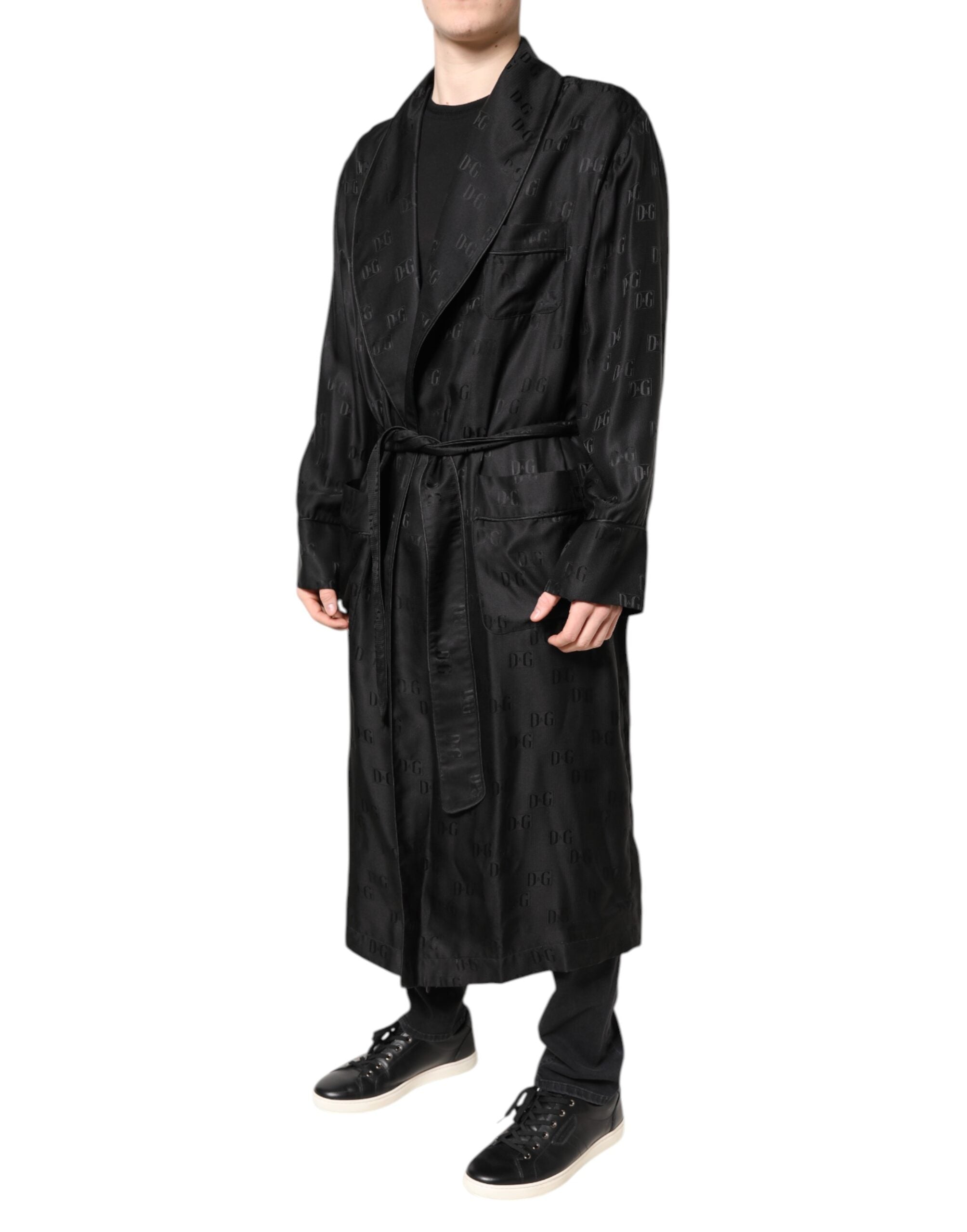 Dolce & Gabbana Schwarze Seide DG Logo Herren Wickelmantel Jacke