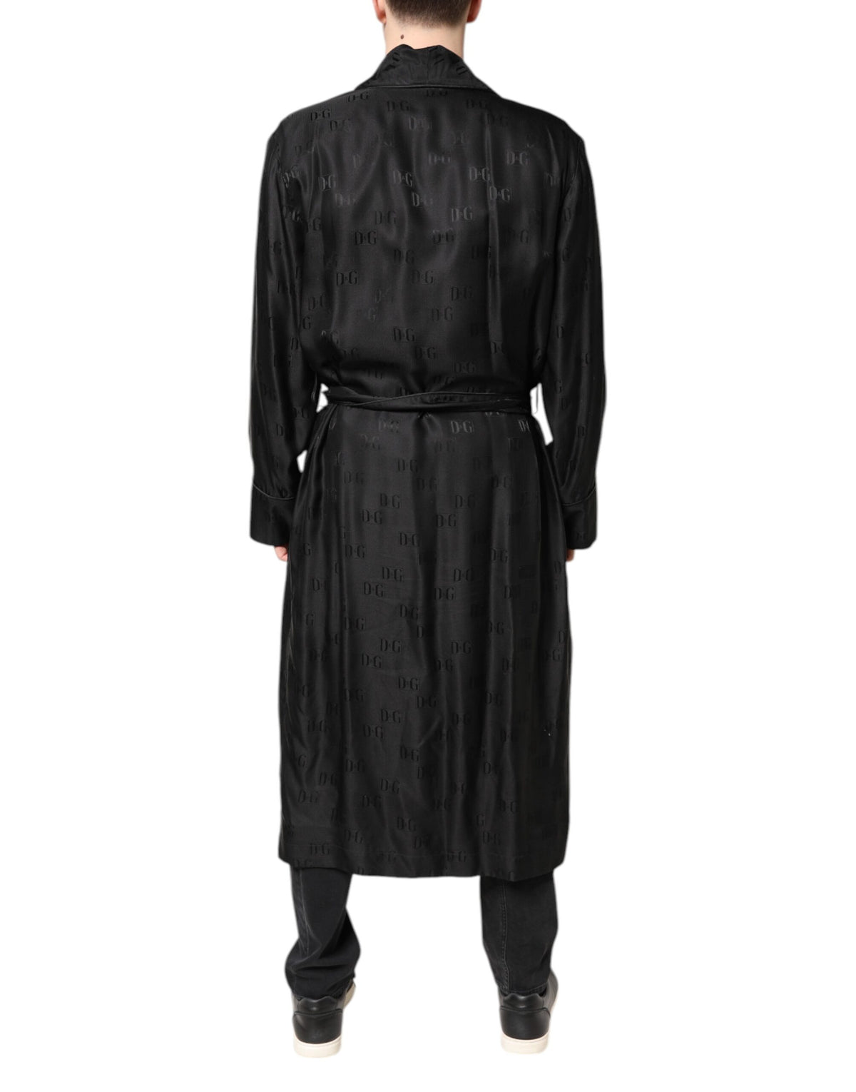 Dolce & Gabbana Schwarze Seide DG Logo Herren Wickelmantel Jacke