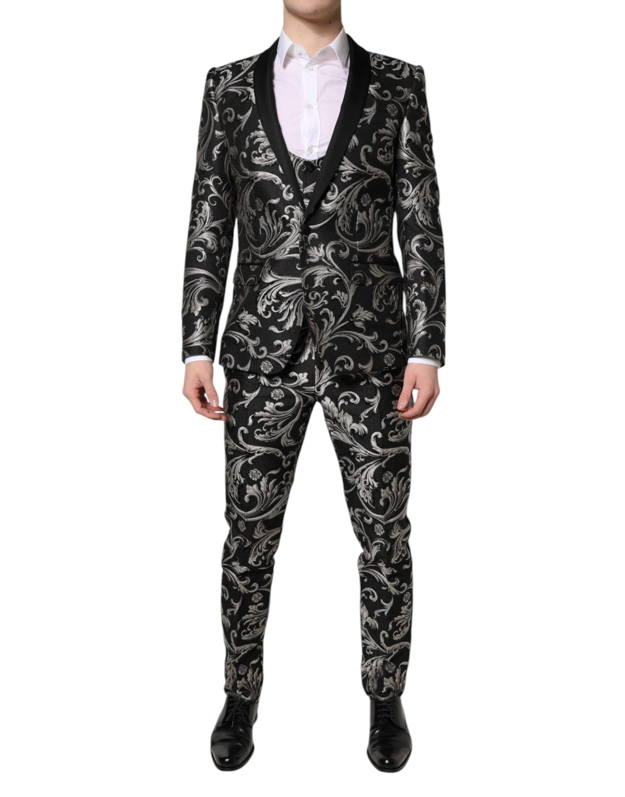 Dolce & Gabbana Schwarz Grau MARTINI Jacquard Herren 3 Stück Anzug