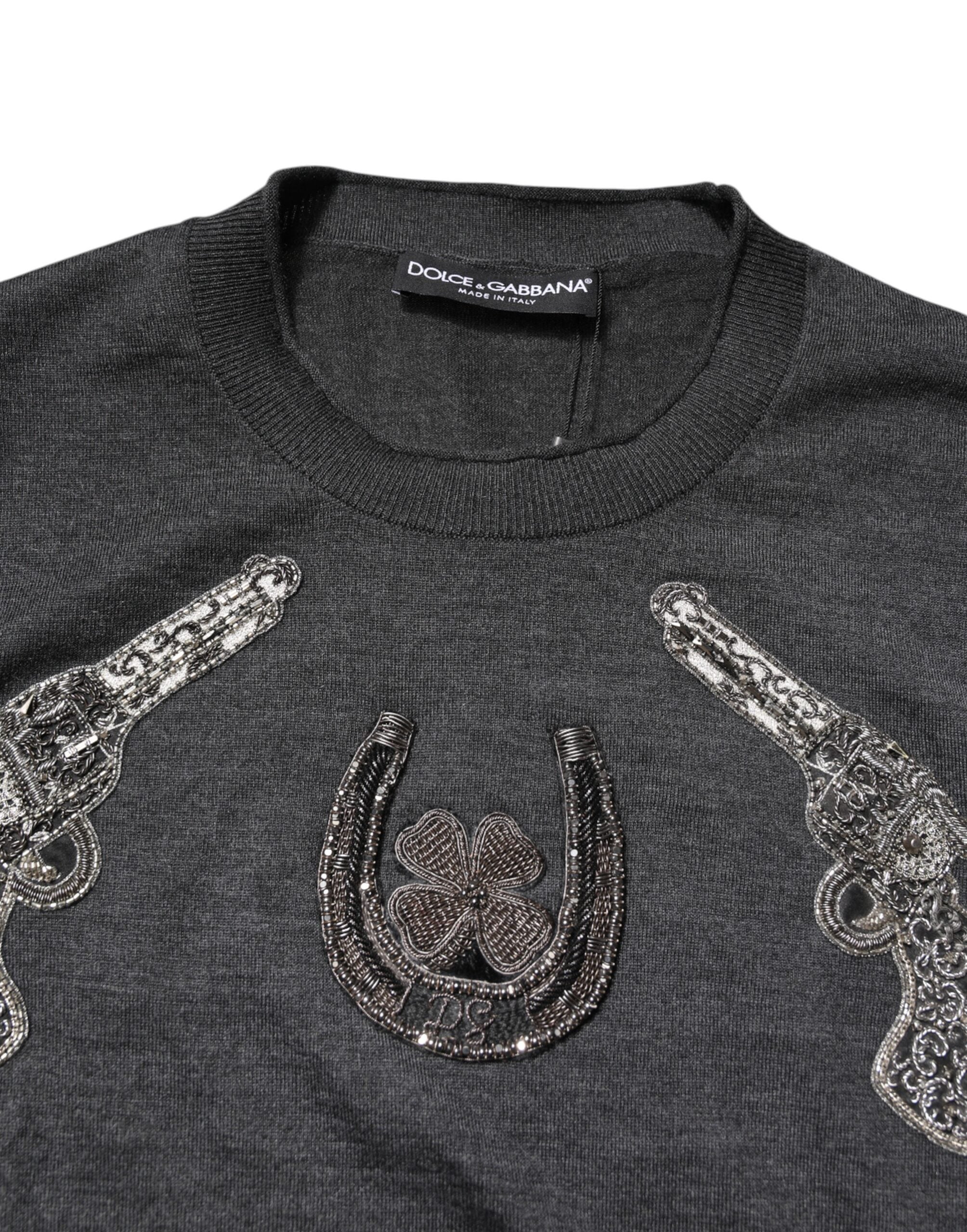 Dolce & Gabbana Grauer Strickpullover mit Stickerei für Männer